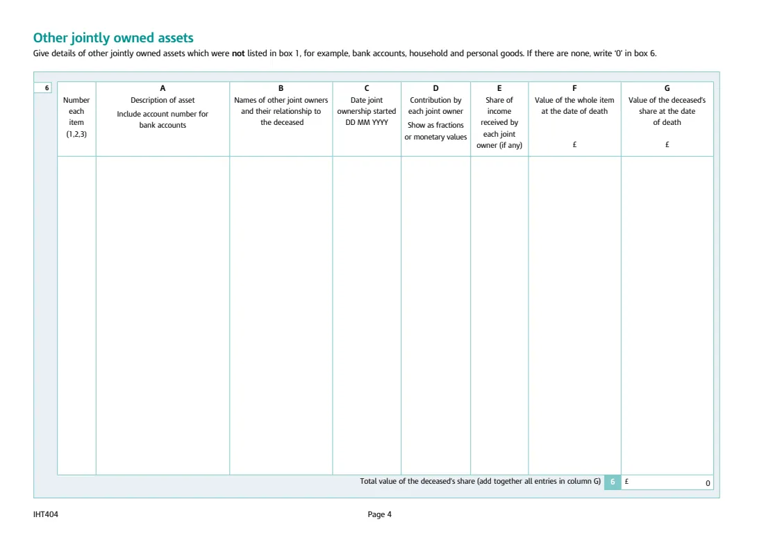 IHT404 jointly owned assets (2026) Inheritance Tax: Jointly owned assets (Schedule IHT404) — page 4 of 6