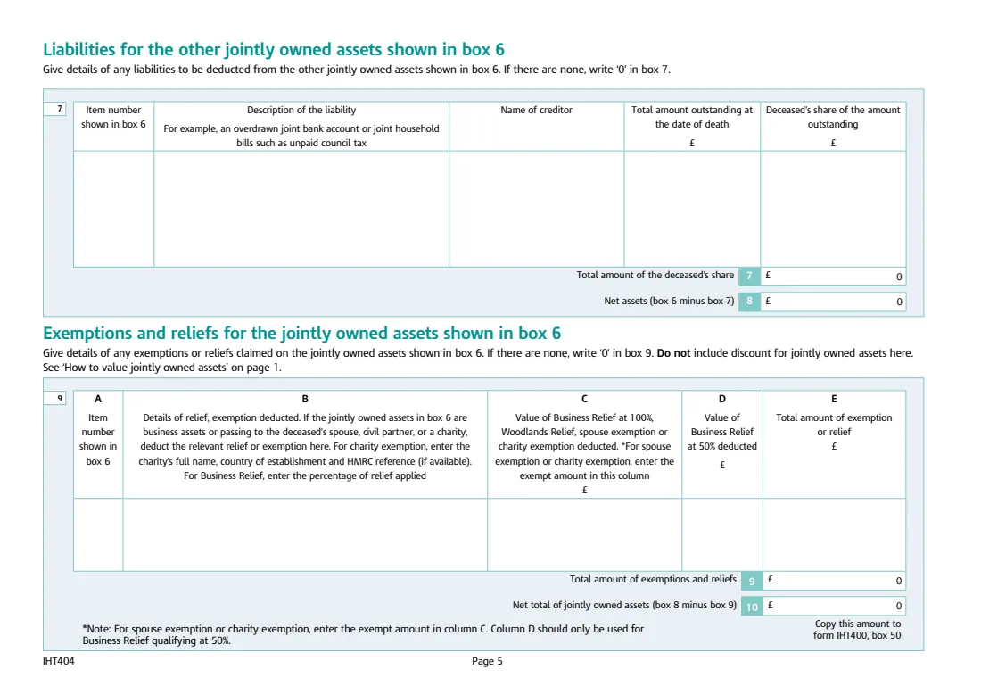 IHT404 jointly owned assets (2026) Inheritance Tax: Jointly owned assets (Schedule IHT404) — page 5 of 6