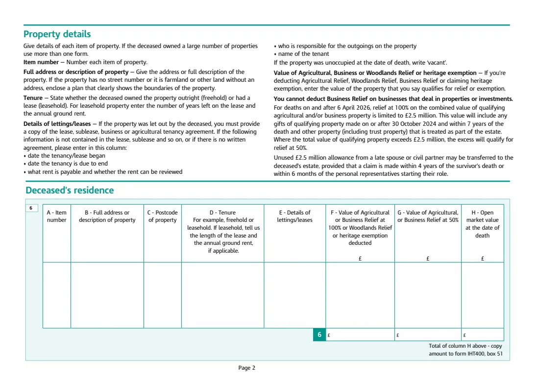 IHT405 houses and land (2026) Inheritance Tax: Houses, land, buildings and interests in land (Schedule IHT405) — page 2 of 4