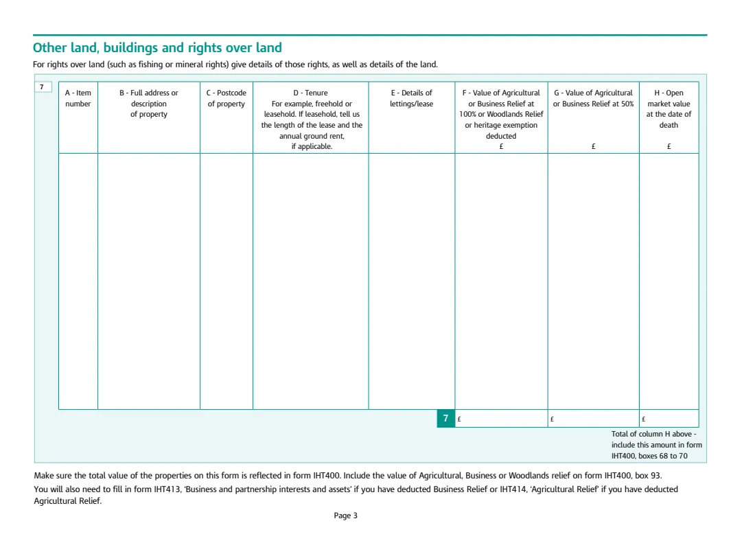 IHT405 houses and land (2026) Inheritance Tax: Houses, land, buildings and interests in land (Schedule IHT405) — page 3 of 4