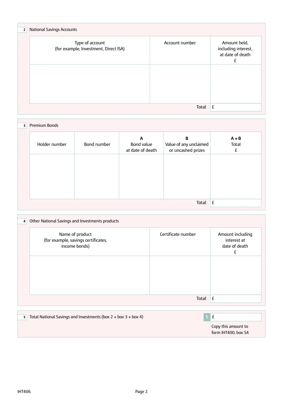 IHT406 bank accounts and NS&I (2015) Inheritance Tax: Bank and building society accounts and National Savings & Investments (Schedule IHT406) — page 2 of 2