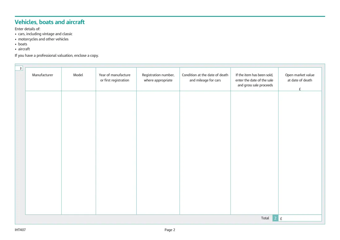 IHT407 household and personal goods (2018) Inheritance Tax: Household and personal goods (Schedule IHT407) — page 2 of 4