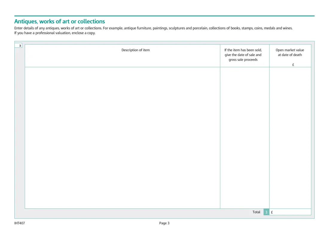 IHT407 household and personal goods (2018) Inheritance Tax: Household and personal goods (Schedule IHT407) — page 3 of 4
