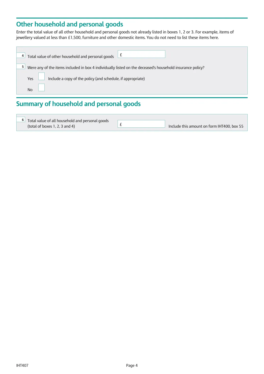 IHT407 household and personal goods (2018) Inheritance Tax: Household and personal goods (Schedule IHT407) — page 4 of 4