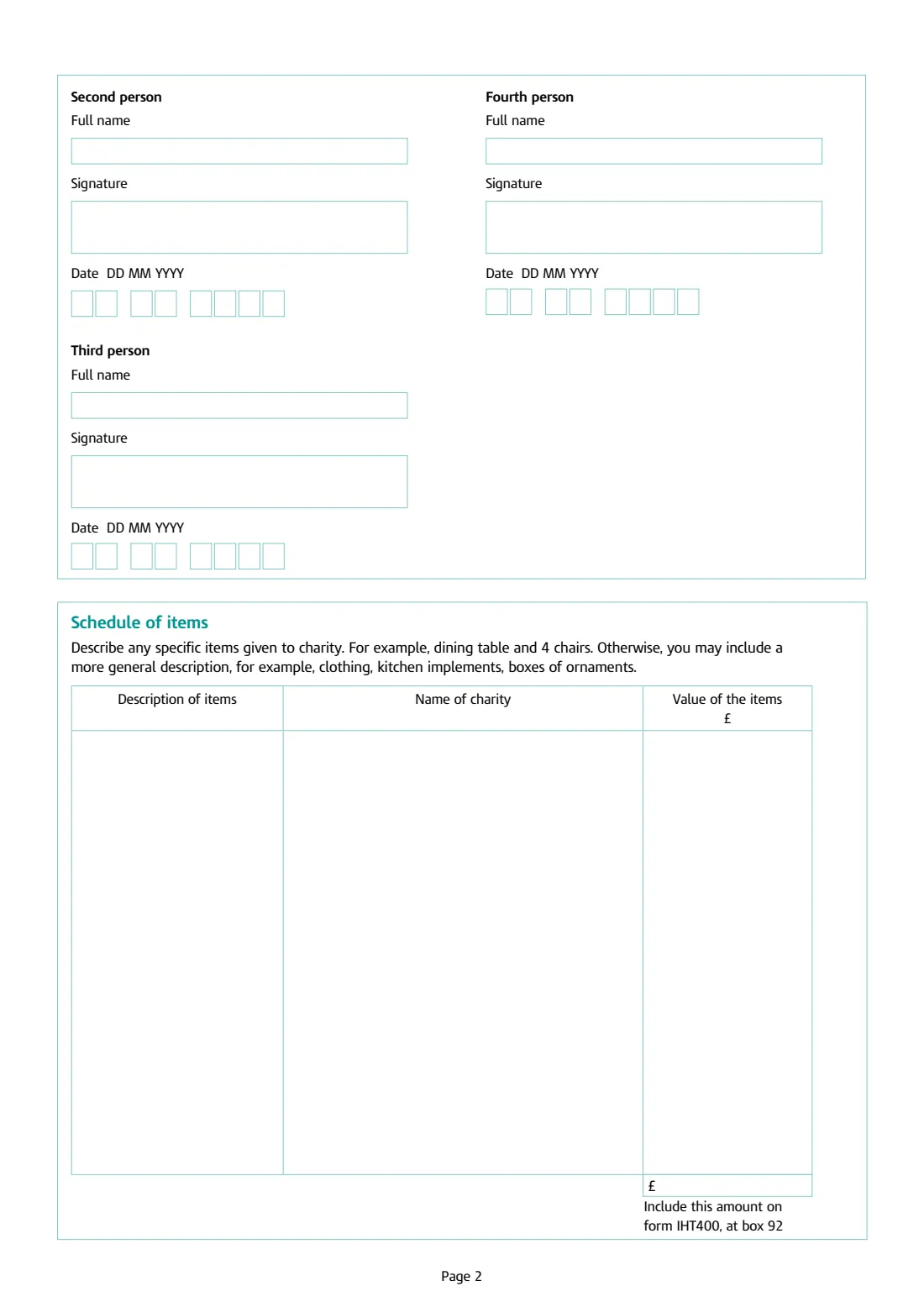 IHT408 goods to charity (2024) Household and personal goods donated to charity (Schedule IHT408) — page 2 of 2