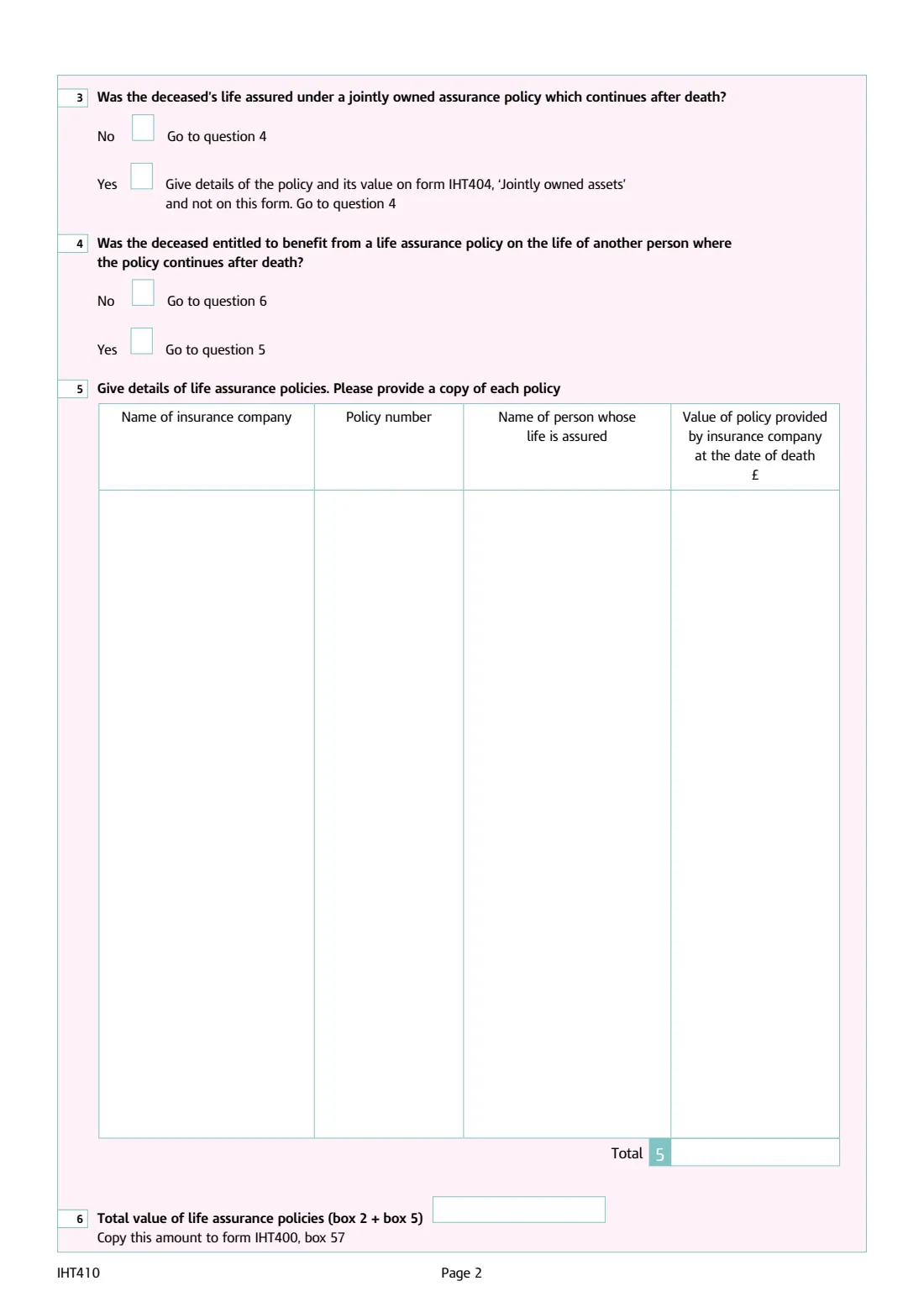 IHT410 Life assurance and annuities (2026) Inheritance Tax: Life assurance and annuities (Schedule IHT410) — page 2 of 4