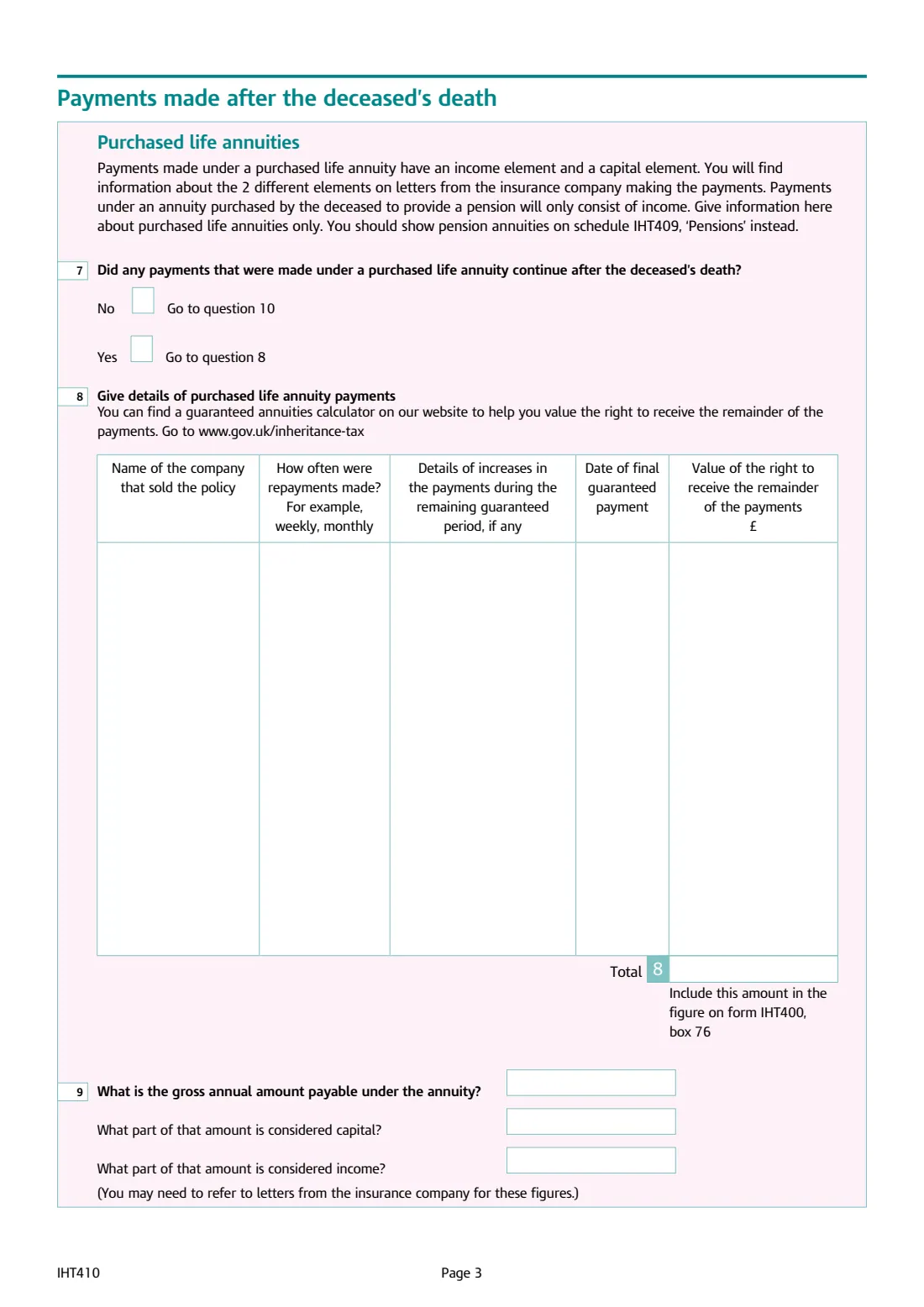 IHT410 Life assurance and annuities (2026) Inheritance Tax: Life assurance and annuities (Schedule IHT410) — page 3 of 4