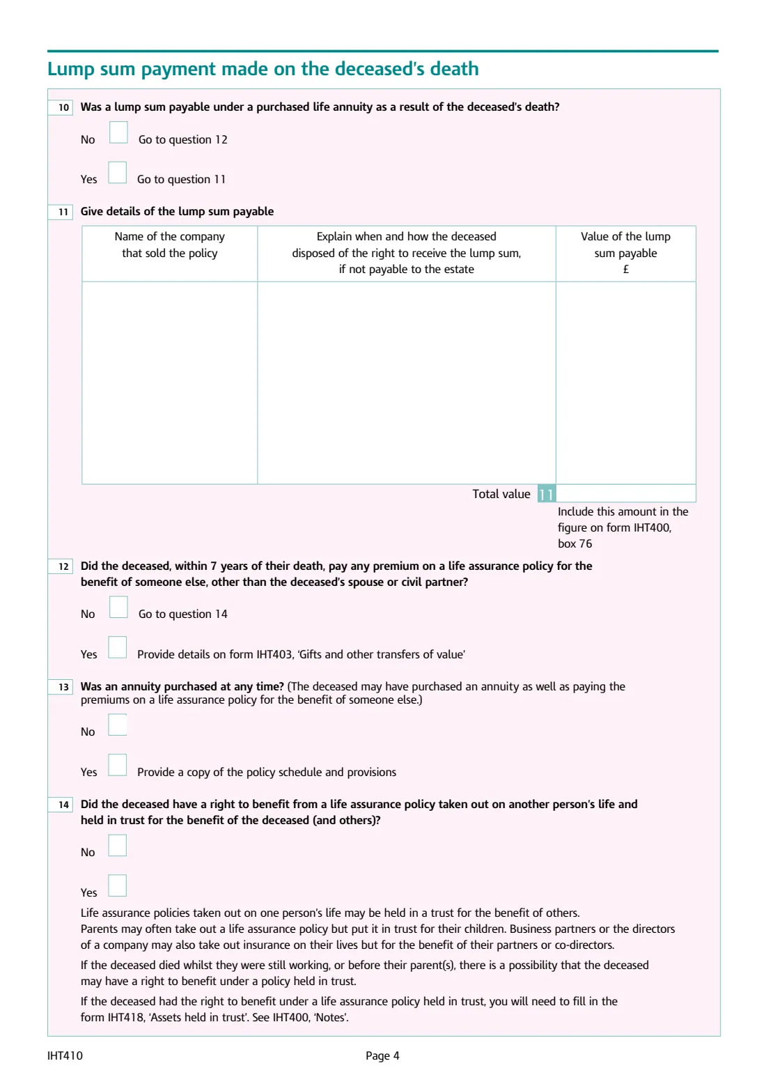 IHT410 Life assurance and annuities (2026) Inheritance Tax: Life assurance and annuities (Schedule IHT410) — page 4 of 4
