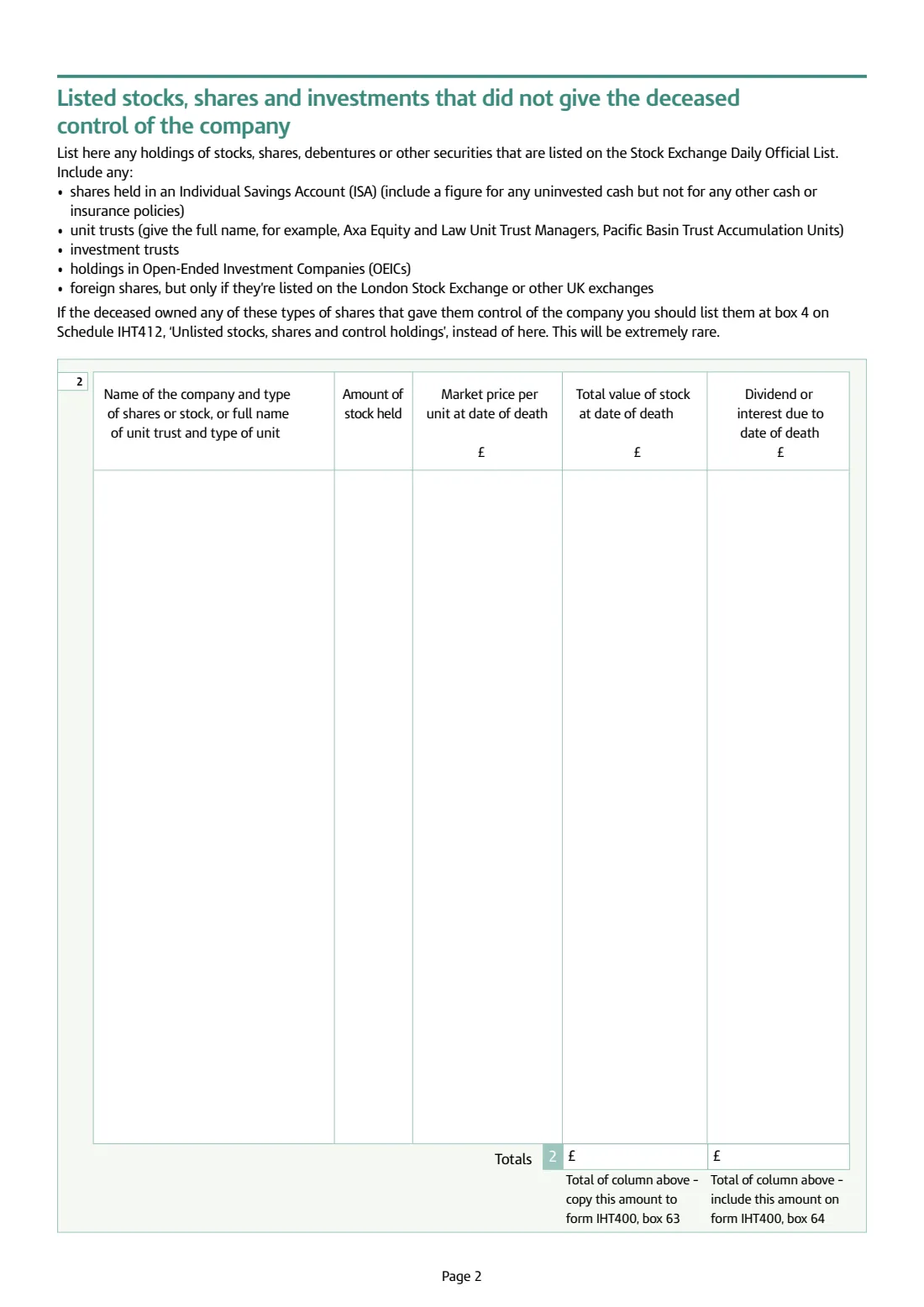 IHT411 Listed stocks and shares (2022) Inheritance Tax: Listed stocks and shares (Schedule IHT411) — page 2 of 2