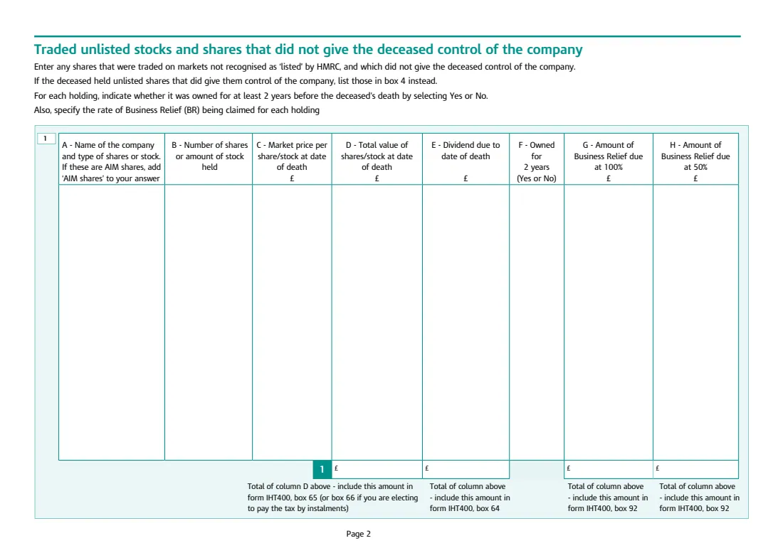 IHT412 unlisted shares (2026) Unlisted stocks and shares and control holdings (Schedule IHT412) — page 2 of 4