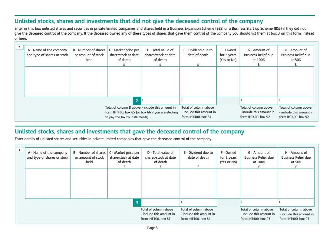 IHT412 unlisted shares (2026) Unlisted stocks and shares and control holdings (Schedule IHT412) — page 3 of 4