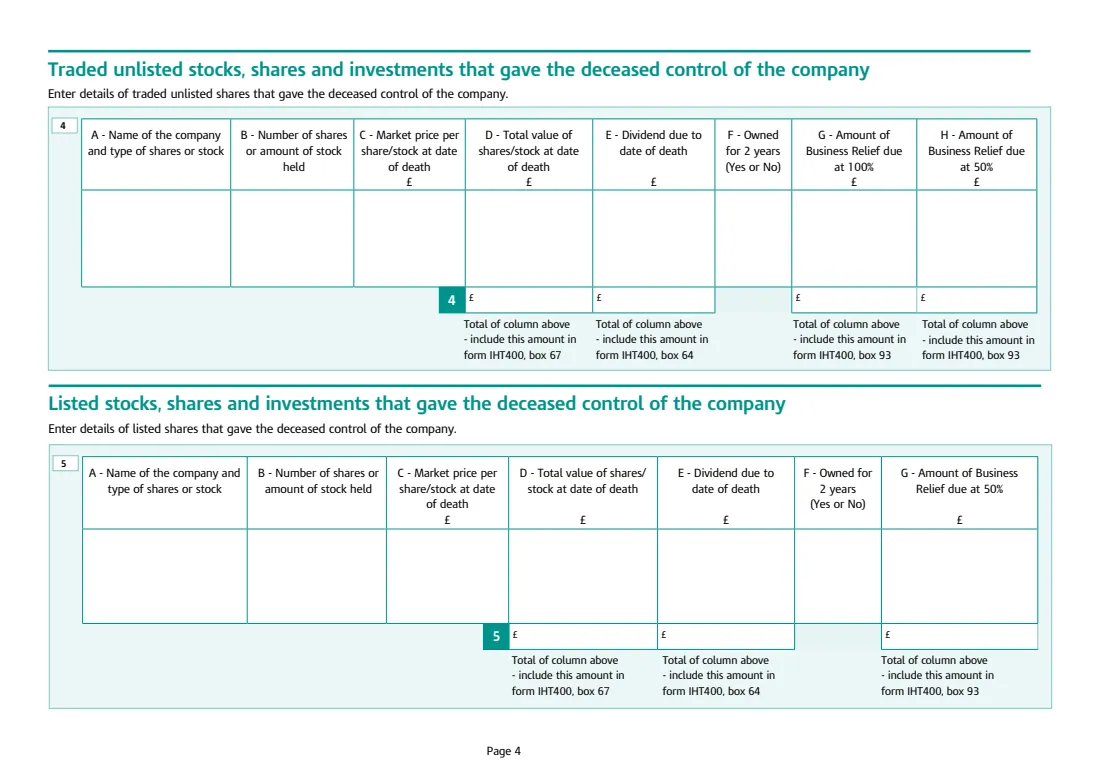 IHT412 unlisted shares (2026) Unlisted stocks and shares and control holdings (Schedule IHT412) — page 4 of 4