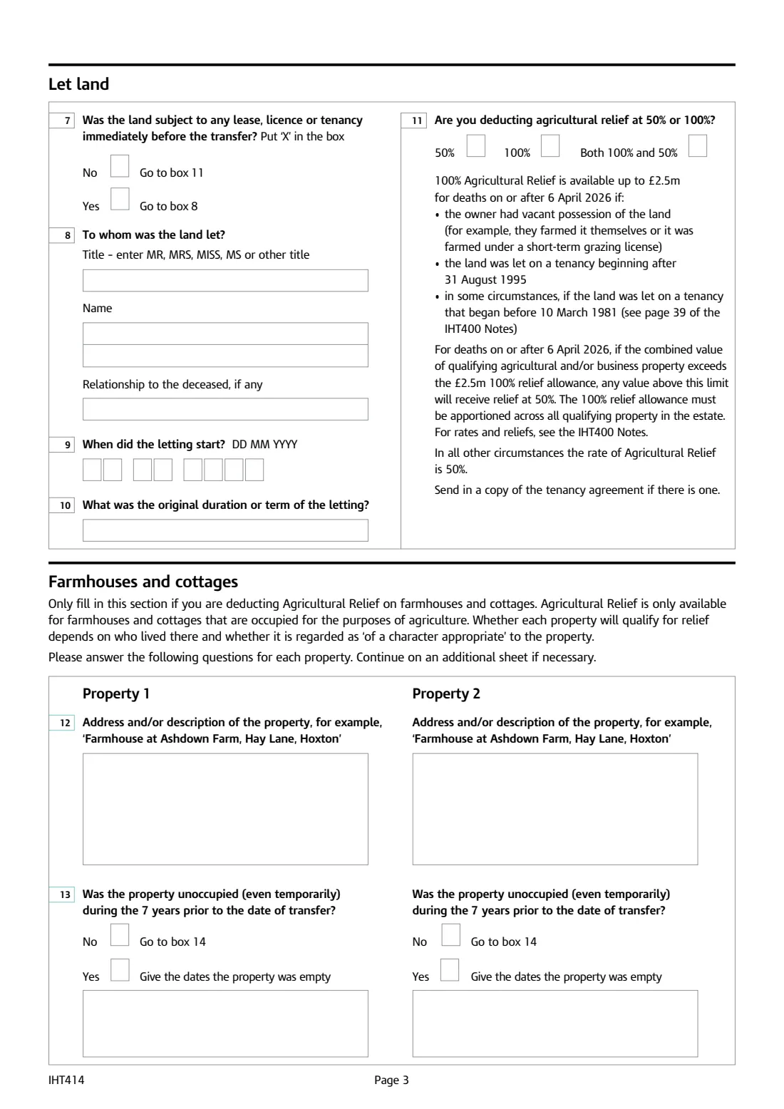 IHT414 Agricultural Relief (2026) Agricultural Relief (Schedule IHT414) — page 3 of 5