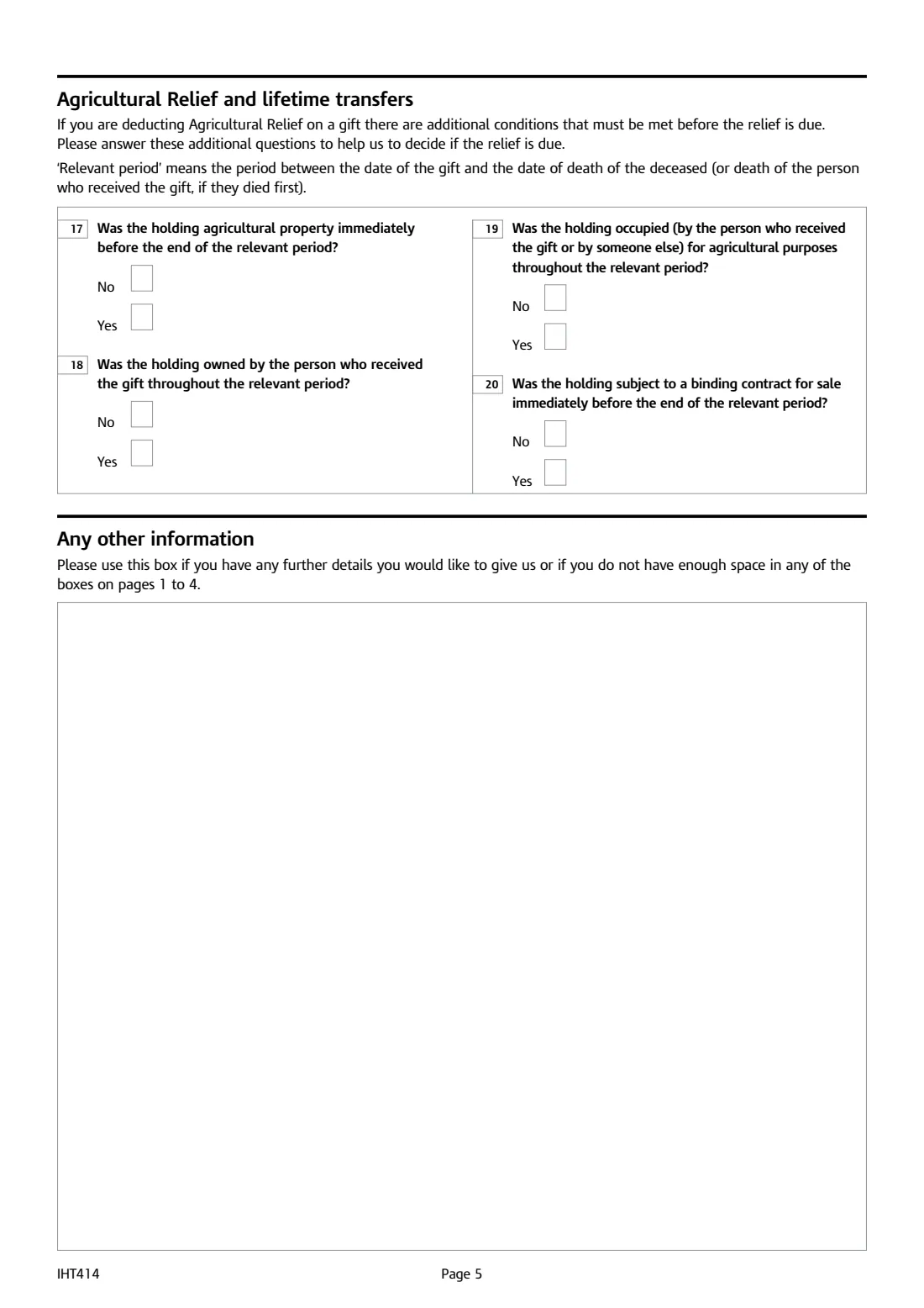 IHT414 Agricultural Relief (2026) Agricultural Relief (Schedule IHT414) — page 5 of 5