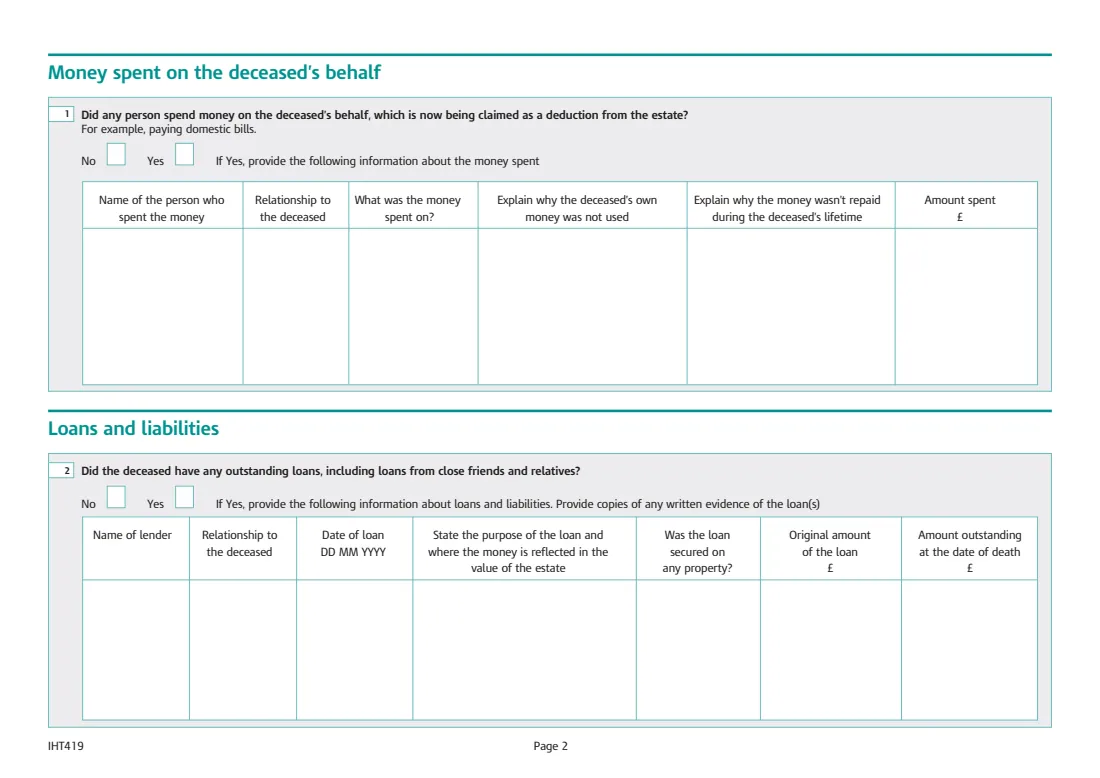 IHT419 Debts owed by the deceased (2018) Inheritance Tax: Debts owed by the deceased (Schedule IHT419) — page 2 of 4
