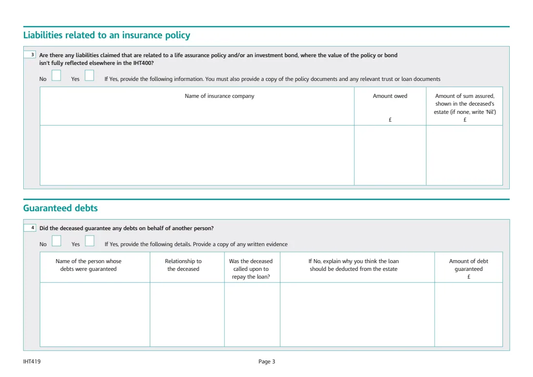 IHT419 Debts owed by the deceased (2018) Inheritance Tax: Debts owed by the deceased (Schedule IHT419) — page 3 of 4