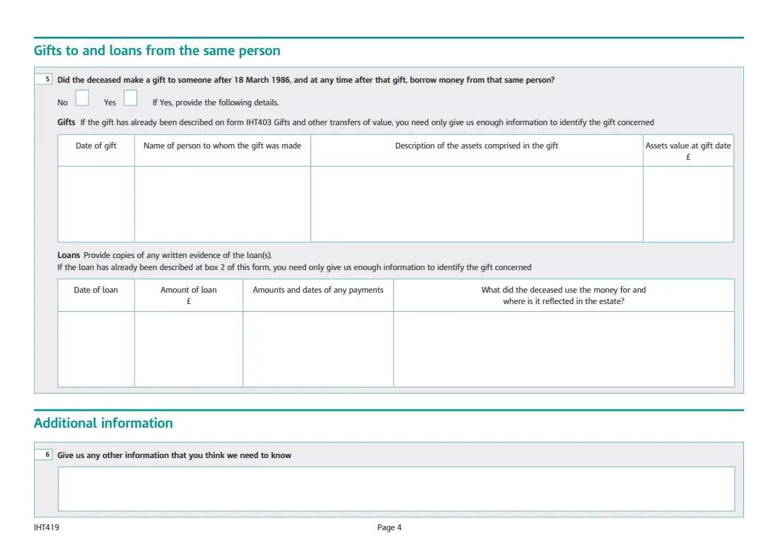 IHT419 Debts owed by the deceased (2018) Inheritance Tax: Debts owed by the deceased (Schedule IHT419) — page 4 of 4