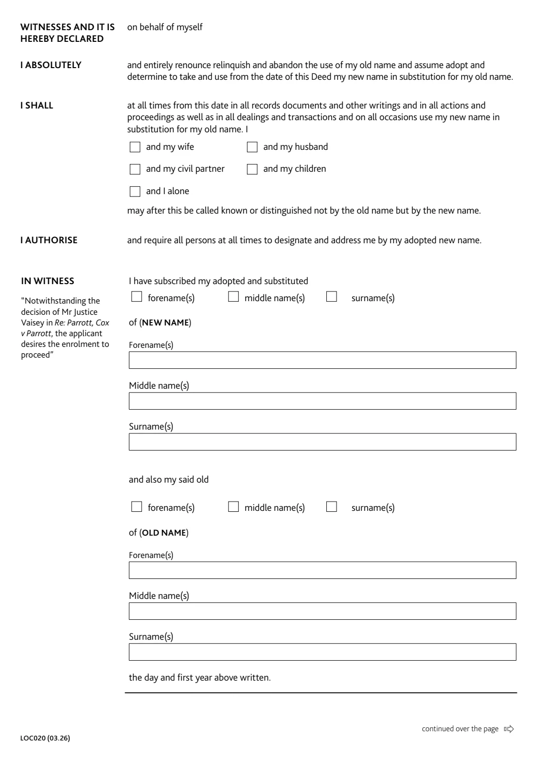 LOC020 deed poll (change of name) (2026) Deed poll: change of name deed intended for enrolling in the Central Office of the Senior Courts of England and Wales — page 2 of 3