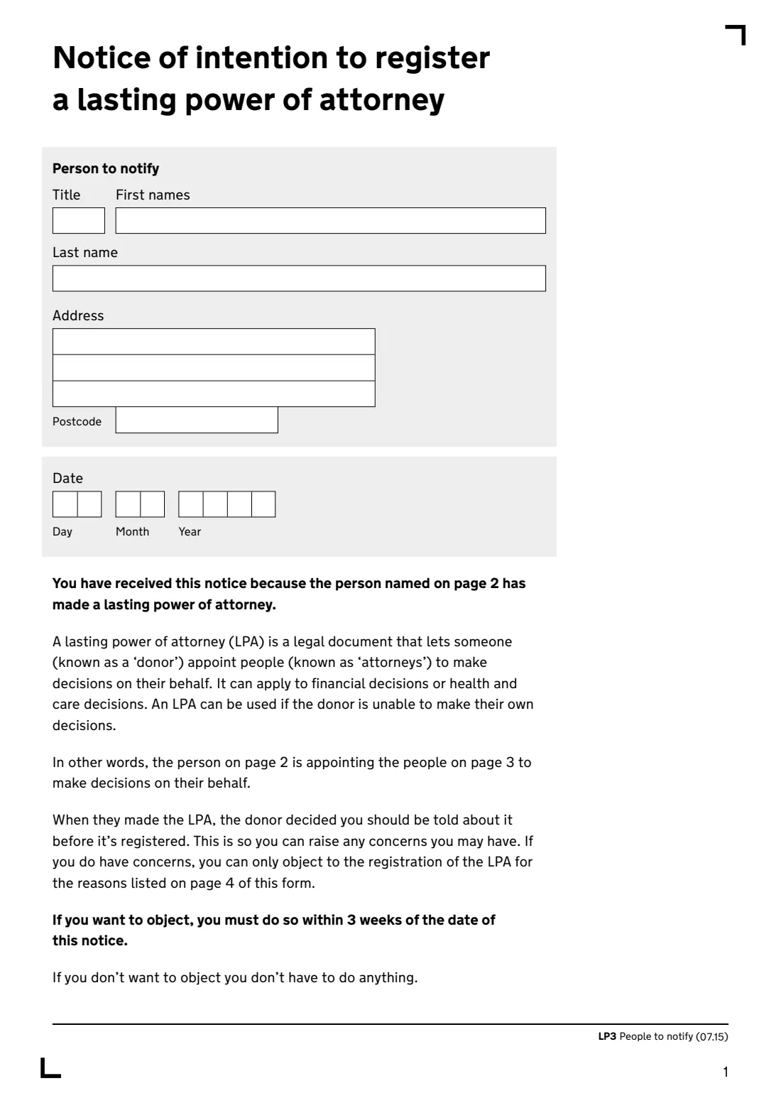 LP3 Notify people about an LPA (2015) Form to notify people: notice of intention to register a lasting power of attorney (LP3) — page 3 of 6