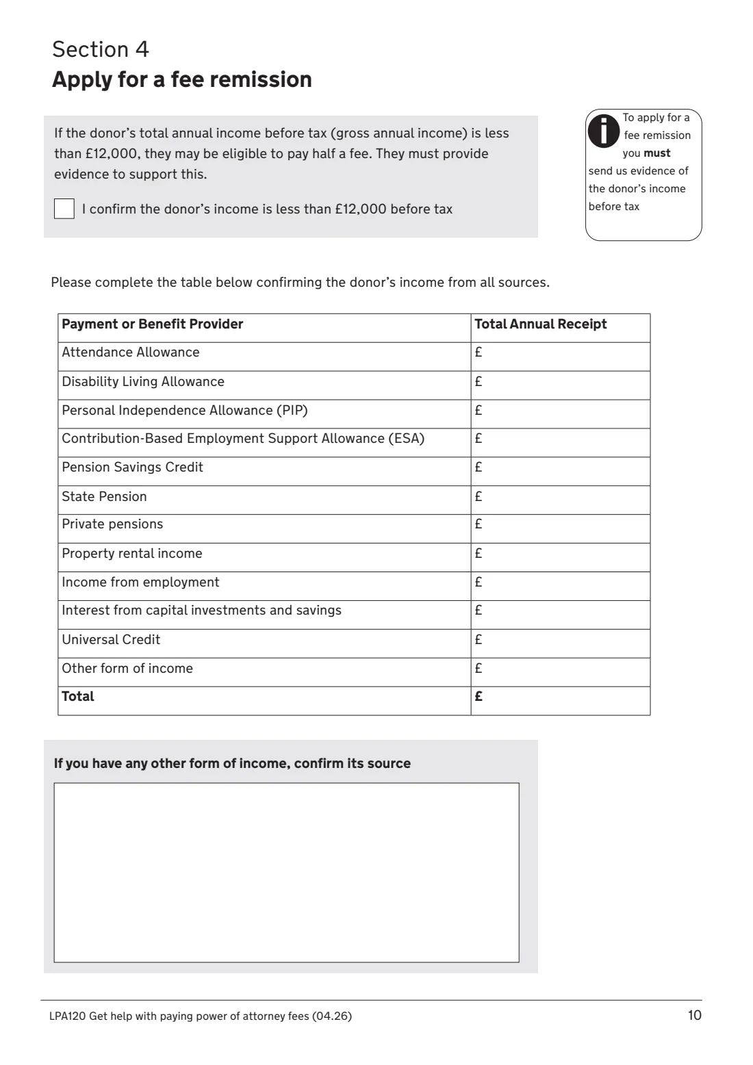 LPA120 Help with LPA fees (2026) Get help with paying power of attorney fees (LPA120) — page 10 of 11