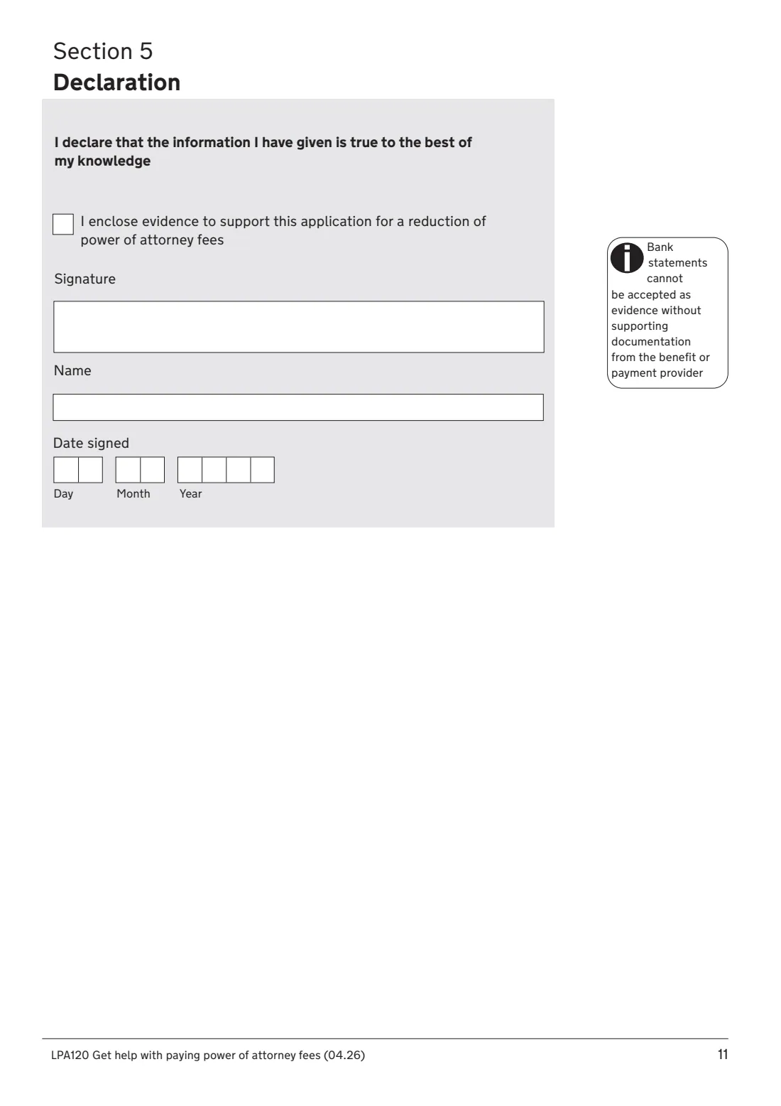LPA120 Help with LPA fees (2026) Get help with paying power of attorney fees (LPA120) — page 11 of 11