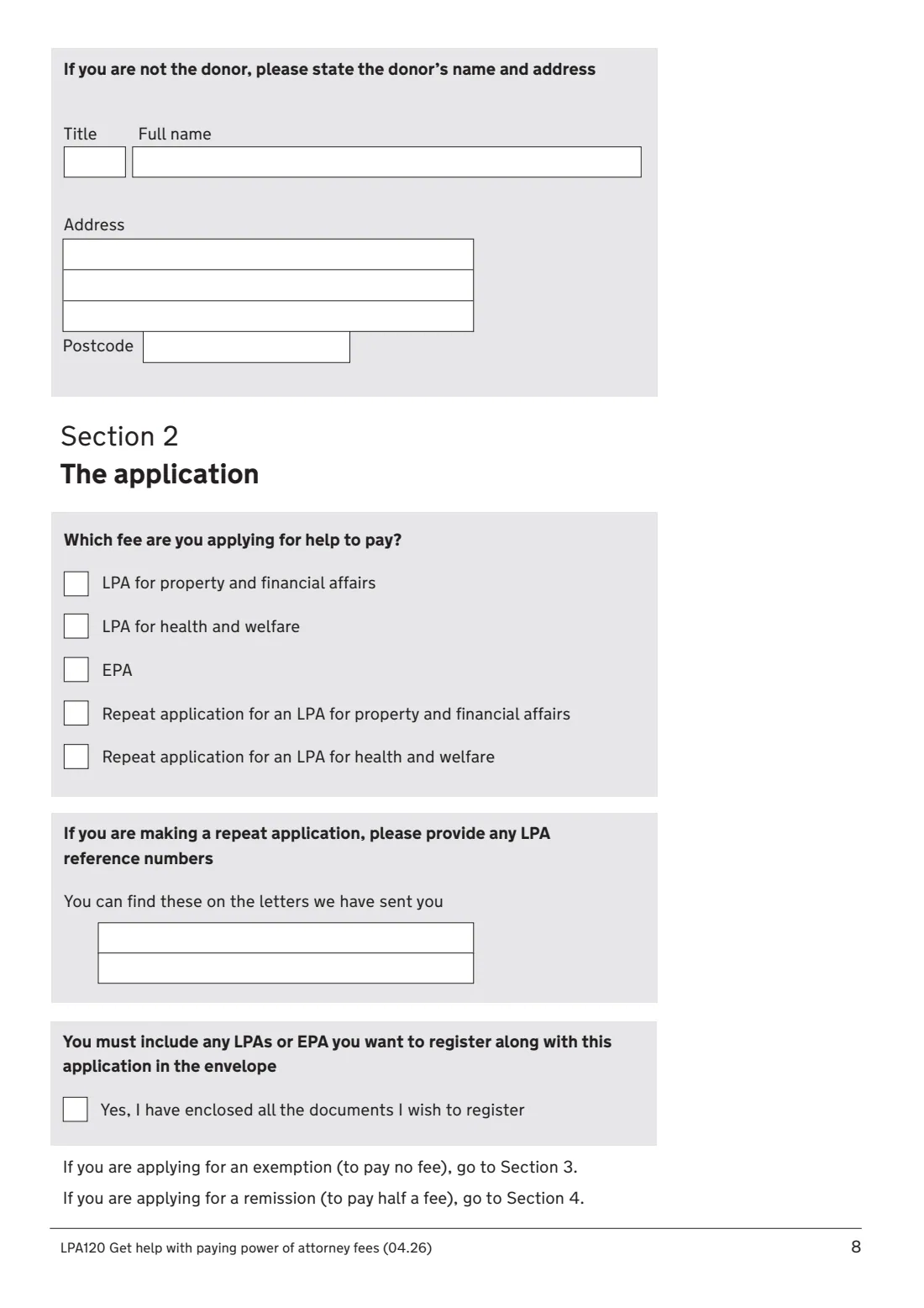 LPA120 Help with LPA fees (2026) Get help with paying power of attorney fees (LPA120) — page 8 of 11