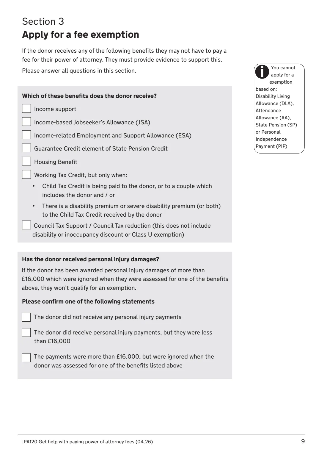 LPA120 Help with LPA fees (2026) Get help with paying power of attorney fees (LPA120) — page 9 of 11