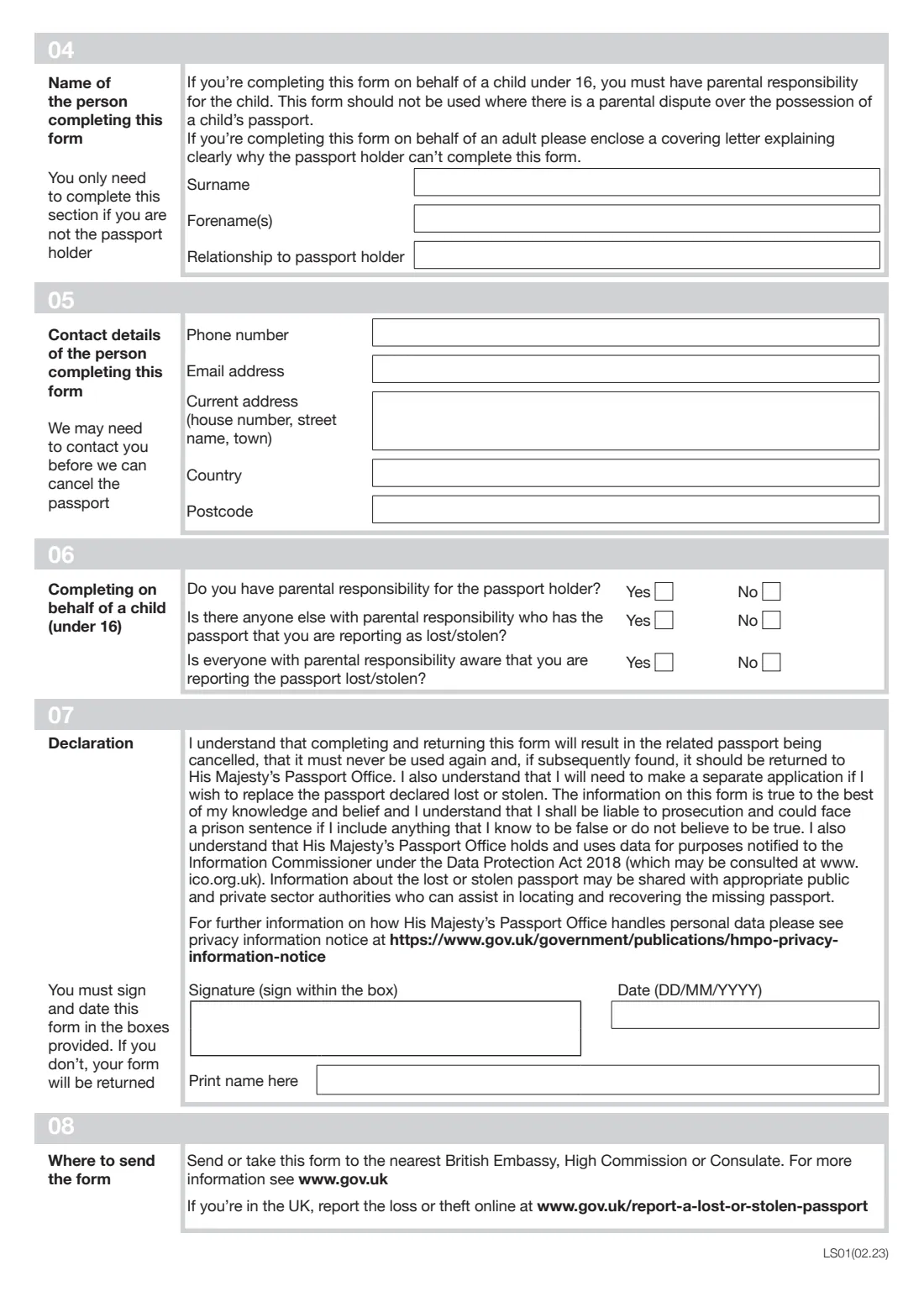 LS01 Lost or stolen passport (2023) Lost or stolen British passport notification (overseas) — page 2 of 2