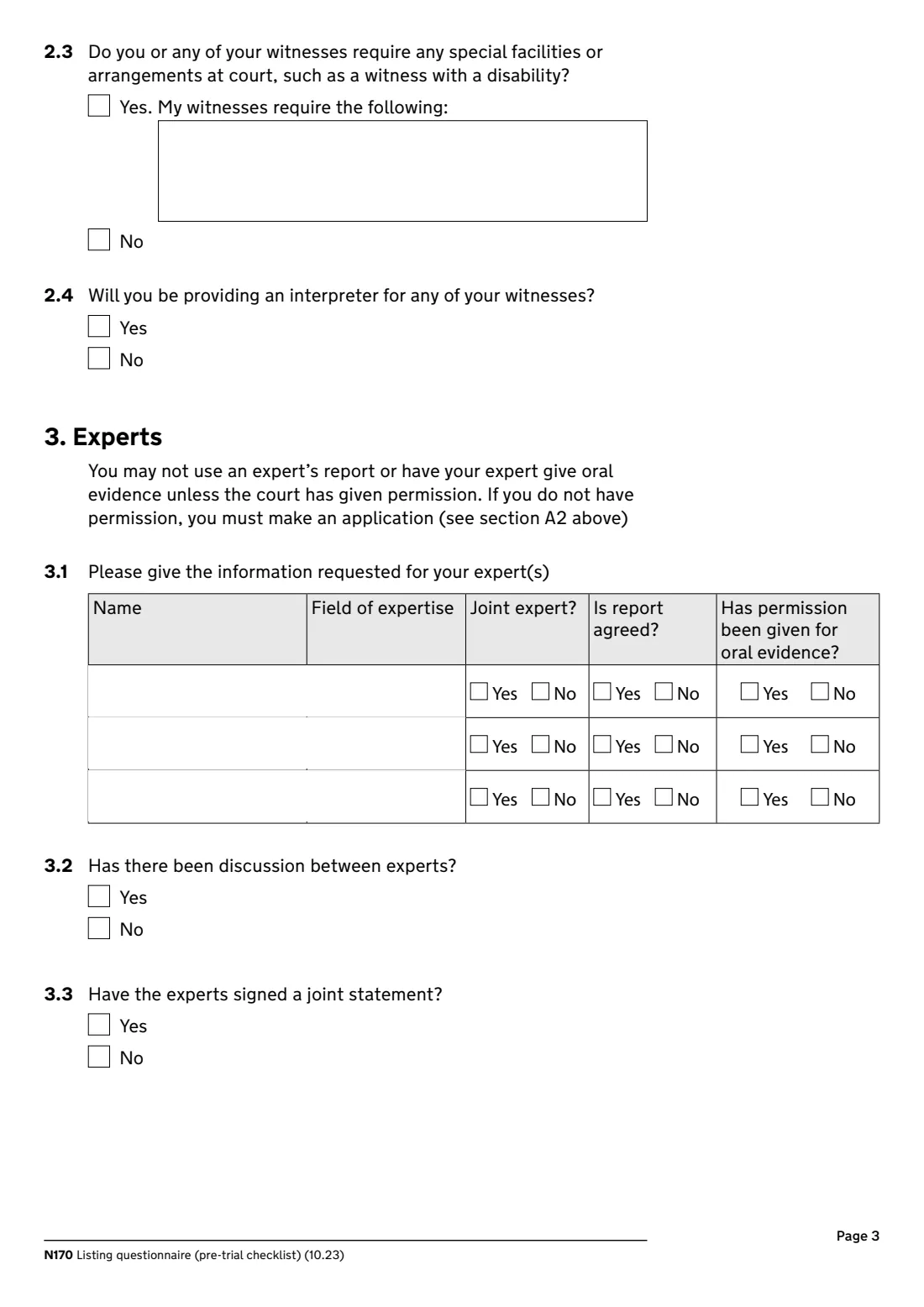 N170 Pre-trial checklist (2023) Listing questionnaire (pre-trial checklist) (N170) — page 3 of 8