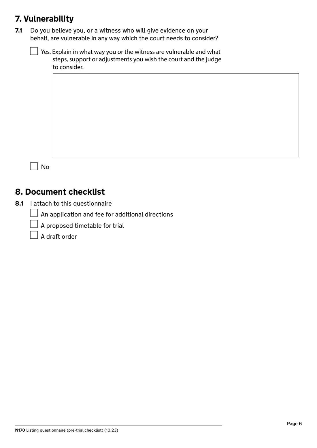 N170 Pre-trial checklist (2023) Listing questionnaire (pre-trial checklist) (N170) — page 6 of 8
