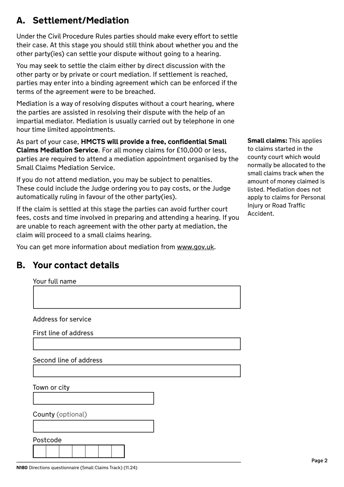 N180 Directions questionnaire (2024) Directions questionnaire, small claims track (N180) — page 2 of 8