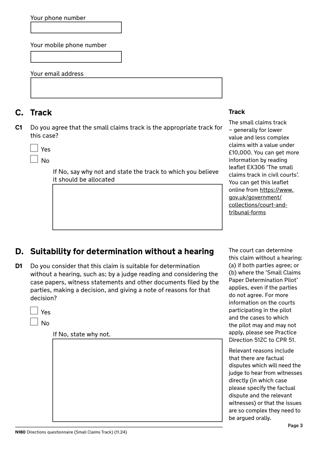 N180 Directions questionnaire (2024) Directions questionnaire, small claims track (N180) — page 3 of 8