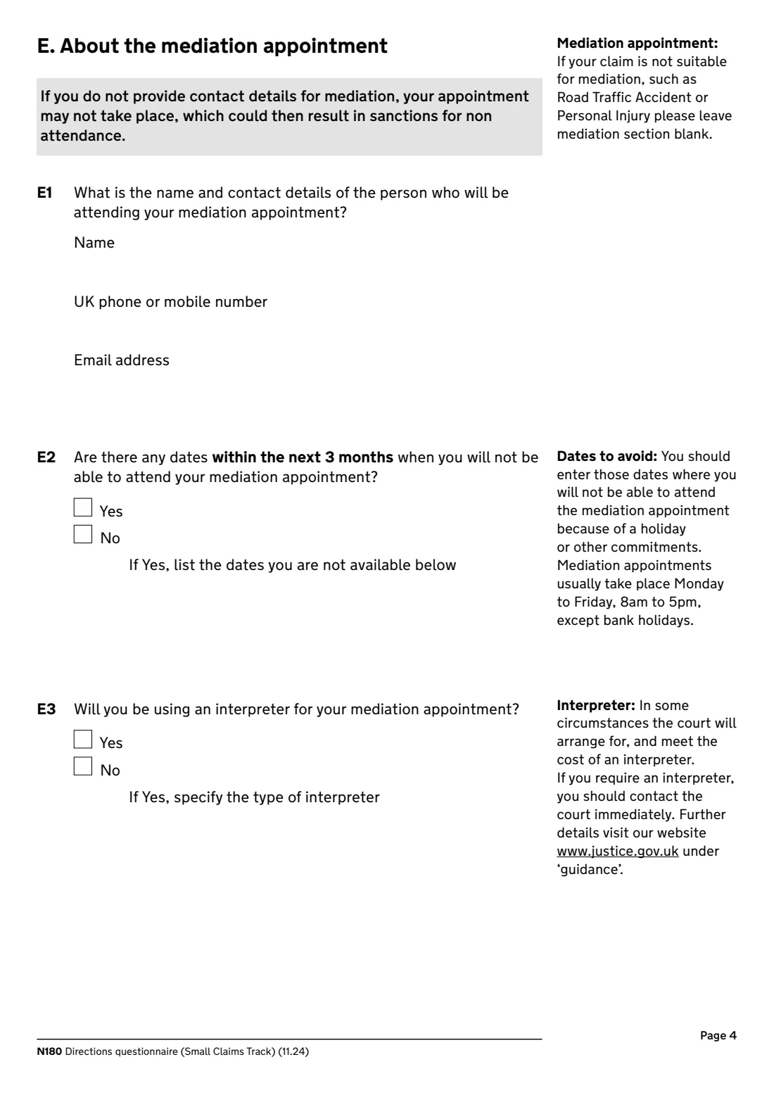 N180 Directions questionnaire (2024) Directions questionnaire, small claims track (N180) — page 4 of 8