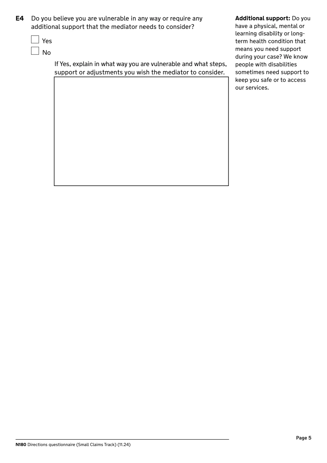 N180 Directions questionnaire (2024) Directions questionnaire, small claims track (N180) — page 5 of 8