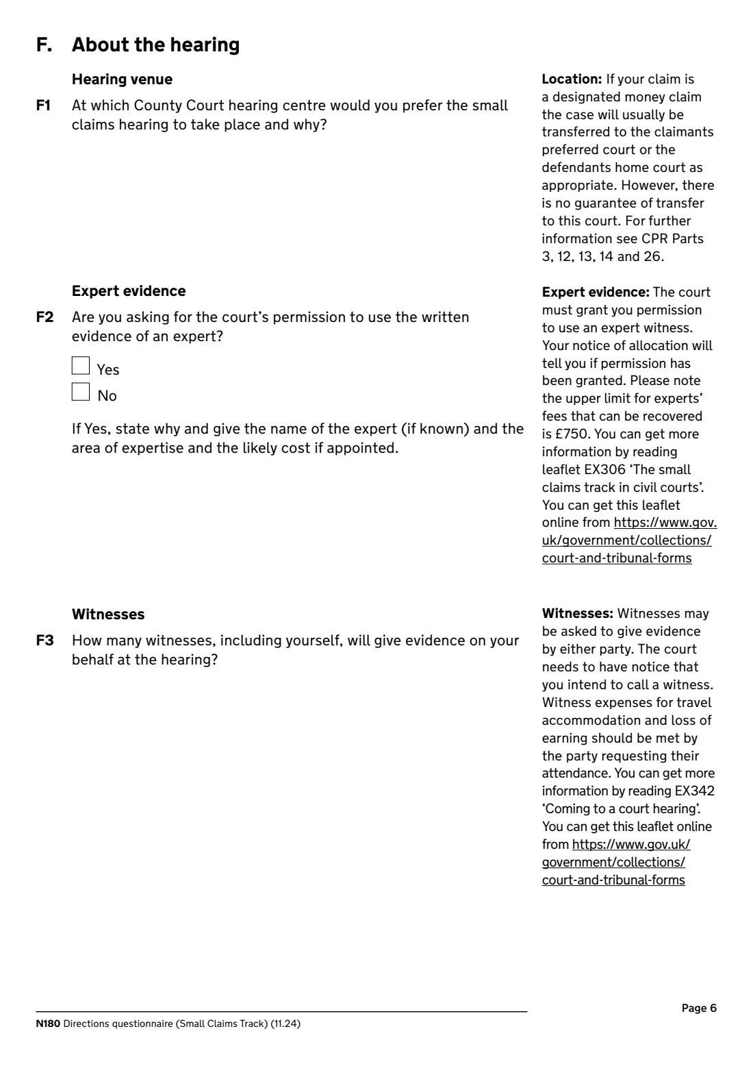N180 Directions questionnaire (2024) Directions questionnaire, small claims track (N180) — page 6 of 8
