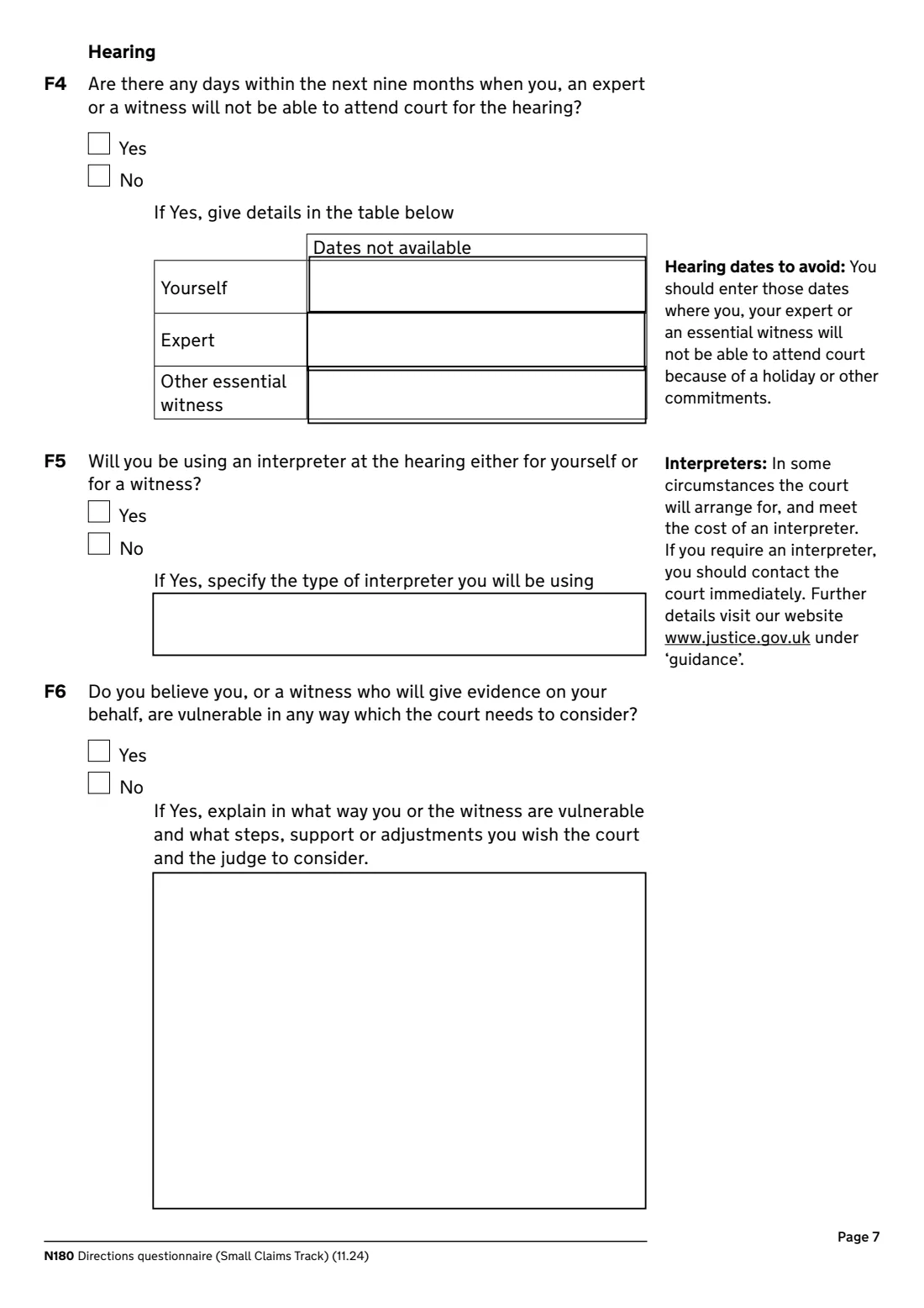 N180 Directions questionnaire (2024) Directions questionnaire, small claims track (N180) — page 7 of 8