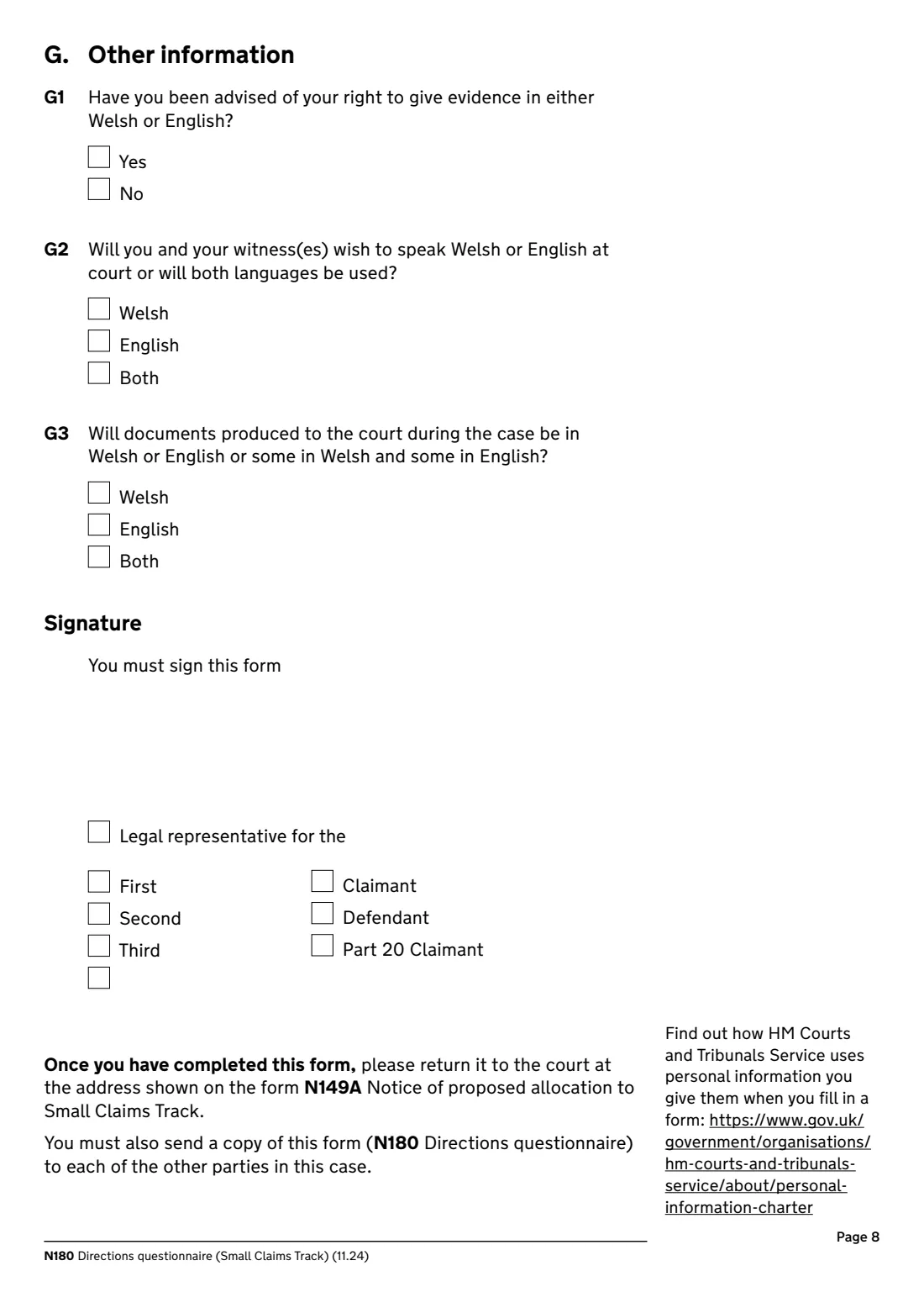 N180 Directions questionnaire (2024) Directions questionnaire, small claims track (N180) — page 8 of 8