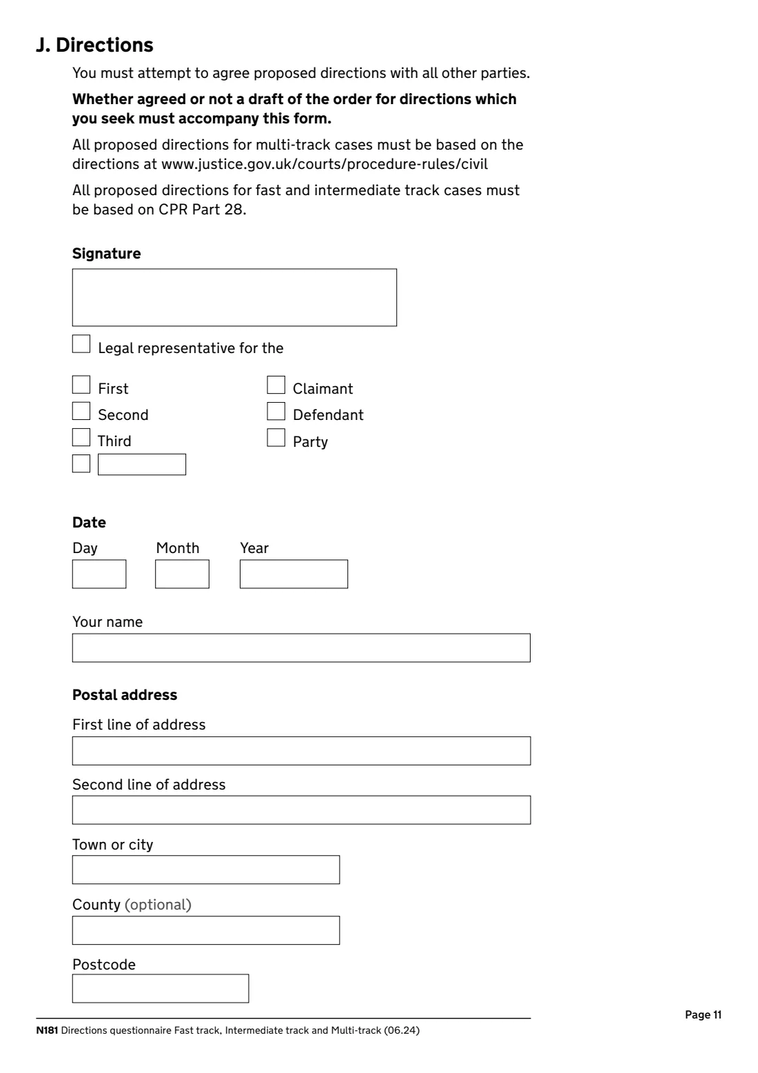 N181 Directions questionnaire (2024) Directions questionnaire, fast track, intermediate track and multi-track (N181) — page 11 of 12