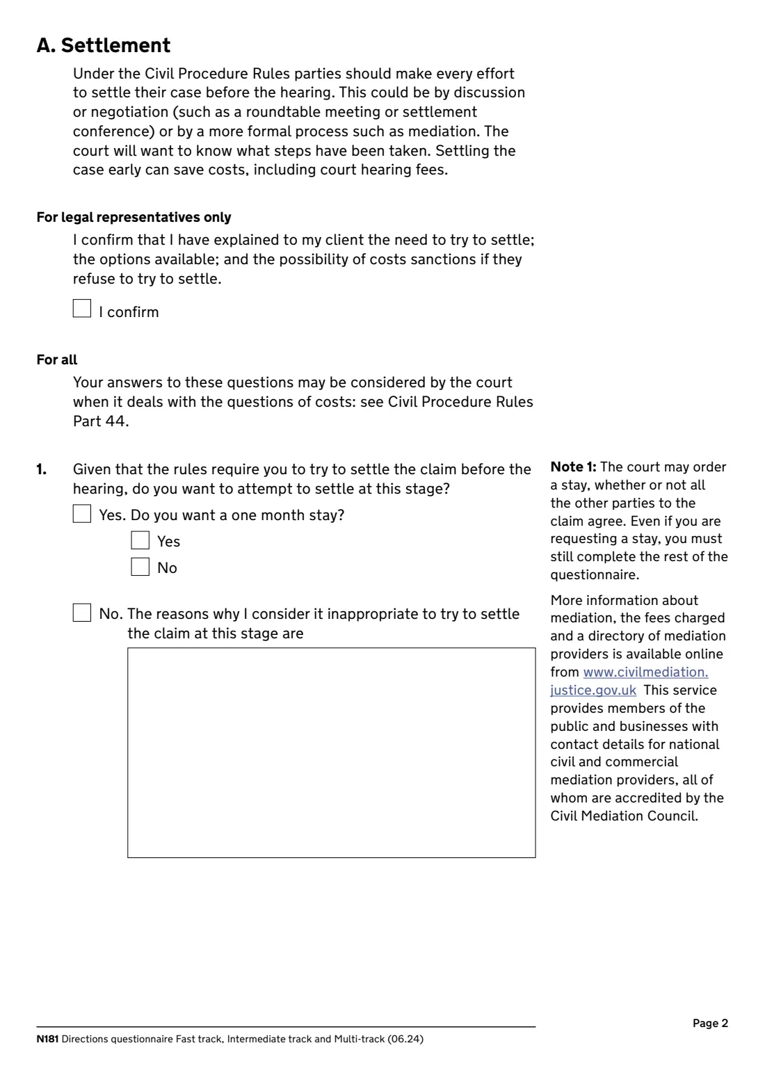 N181 Directions questionnaire (2024) Directions questionnaire, fast track, intermediate track and multi-track (N181) — page 2 of 12
