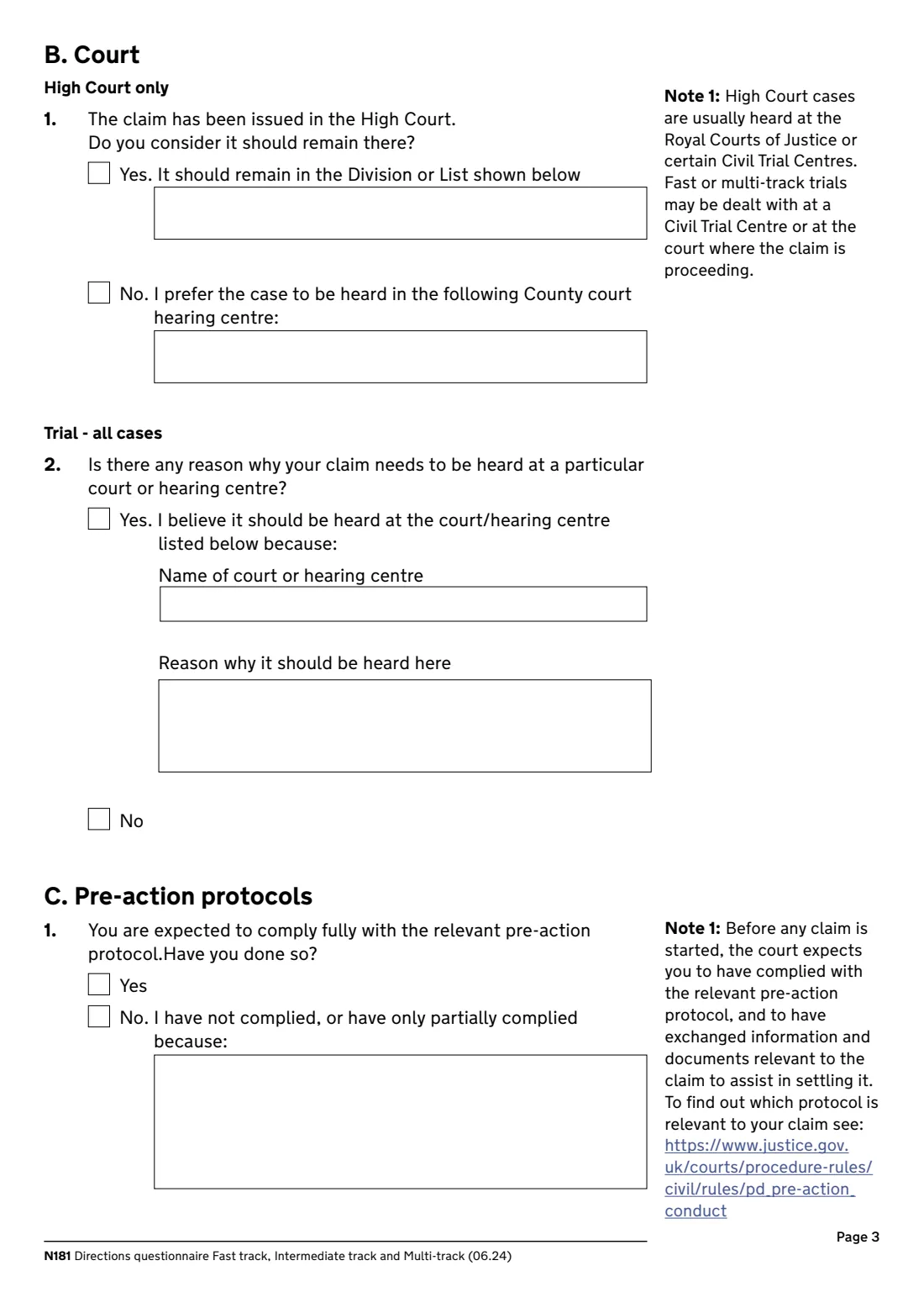 N181 Directions questionnaire (2024) Directions questionnaire, fast track, intermediate track and multi-track (N181) — page 3 of 12