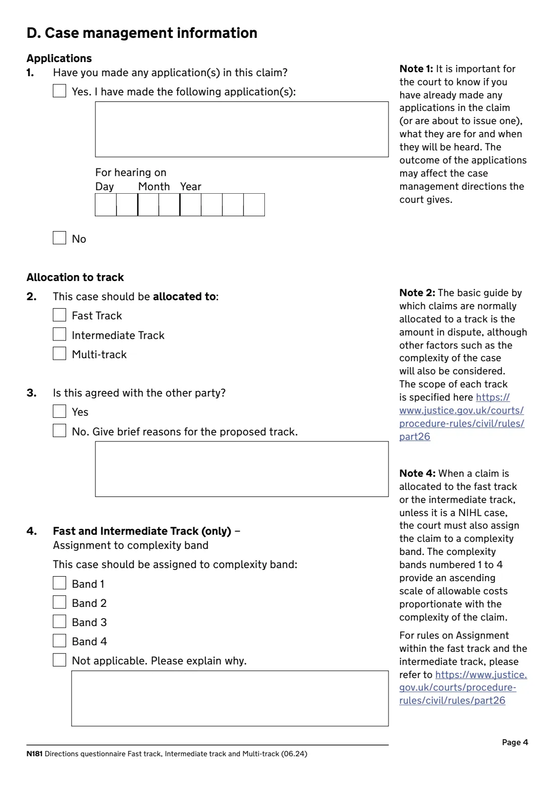 N181 Directions questionnaire (2024) Directions questionnaire, fast track, intermediate track and multi-track (N181) — page 4 of 12