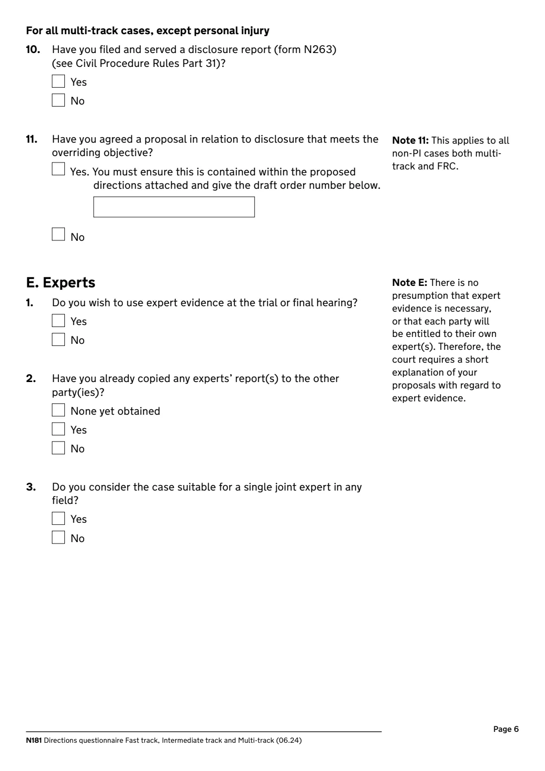 N181 Directions questionnaire (2024) Directions questionnaire, fast track, intermediate track and multi-track (N181) — page 6 of 12