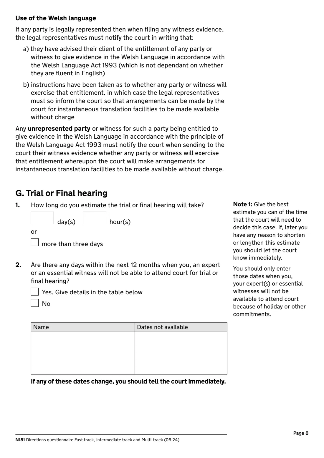 N181 Directions questionnaire (2024) Directions questionnaire, fast track, intermediate track and multi-track (N181) — page 8 of 12