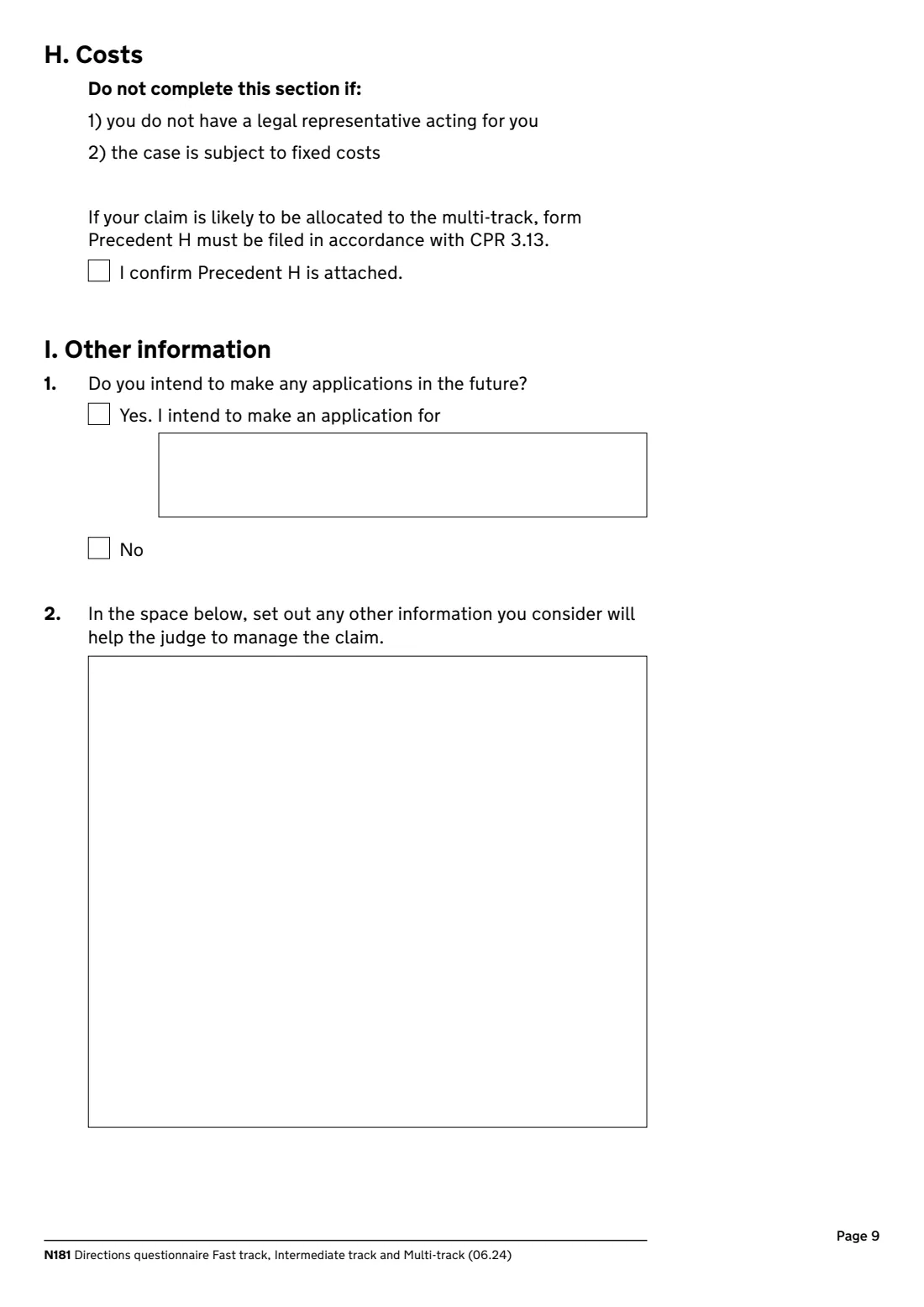 N181 Directions questionnaire (2024) Directions questionnaire, fast track, intermediate track and multi-track (N181) — page 9 of 12