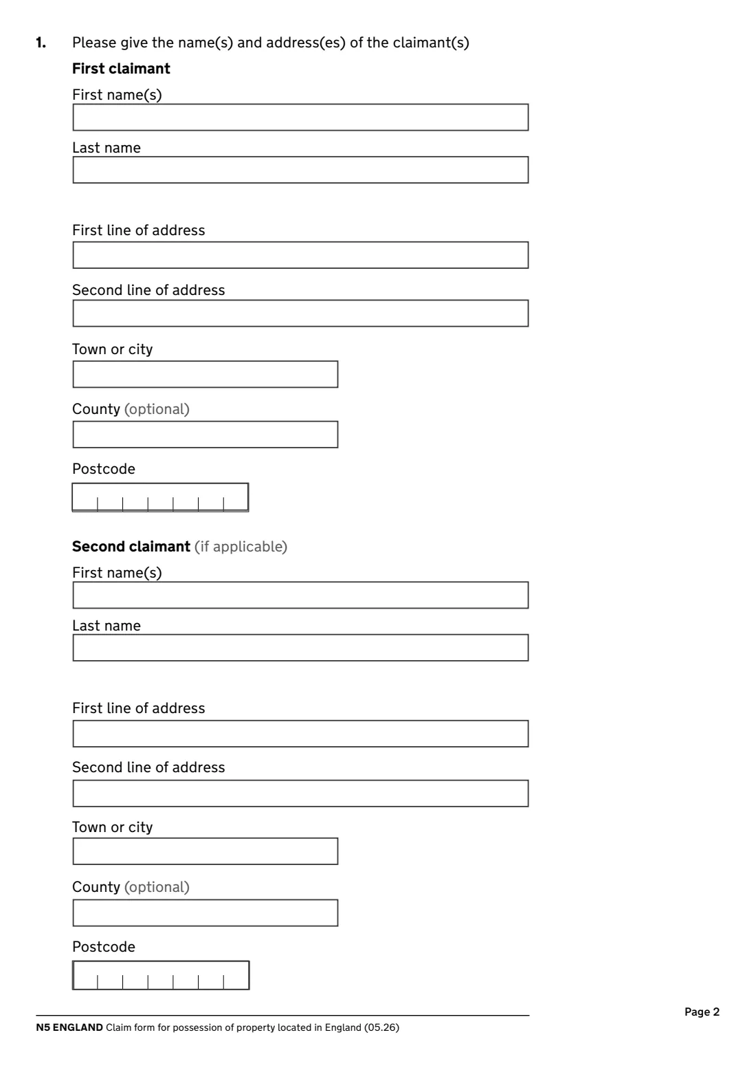 N5 Possession claim (England) (2026) Claim form for possession of property located in England (N5 England) — page 2 of 8