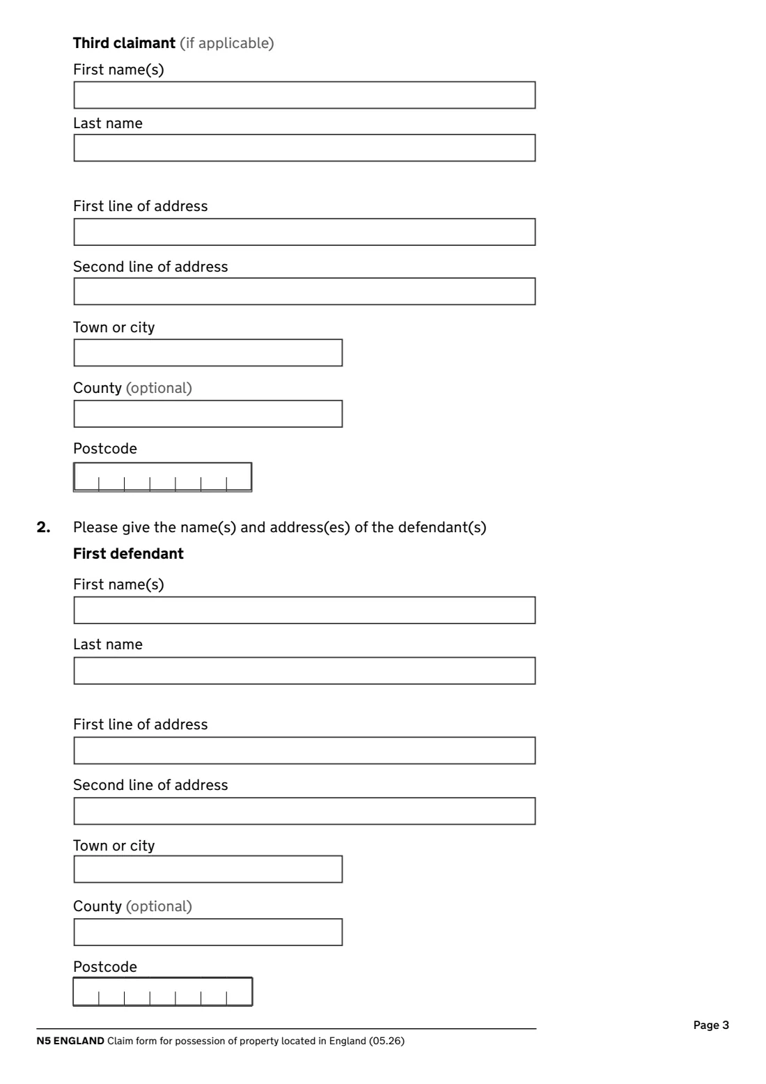 N5 Possession claim (England) (2026) Claim form for possession of property located in England (N5 England) — page 3 of 8