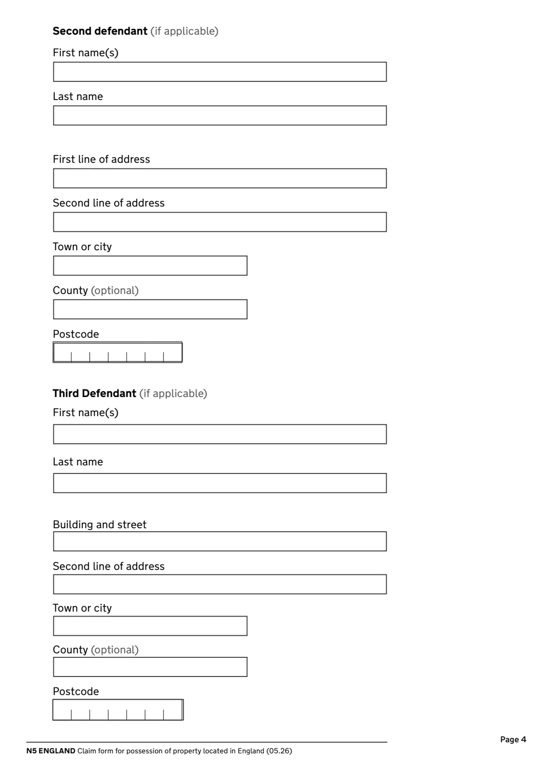 N5 Possession claim (England) (2026) Claim form for possession of property located in England (N5 England) — page 4 of 8