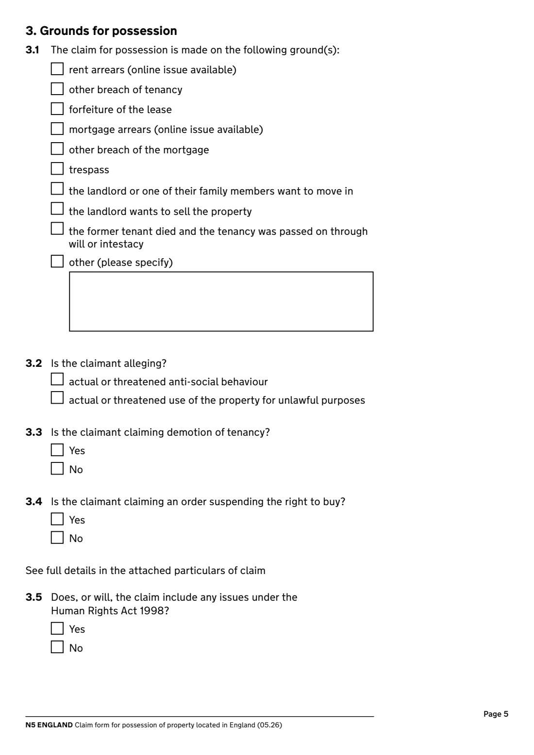 N5 Possession claim (England) (2026) Claim form for possession of property located in England (N5 England) — page 5 of 8