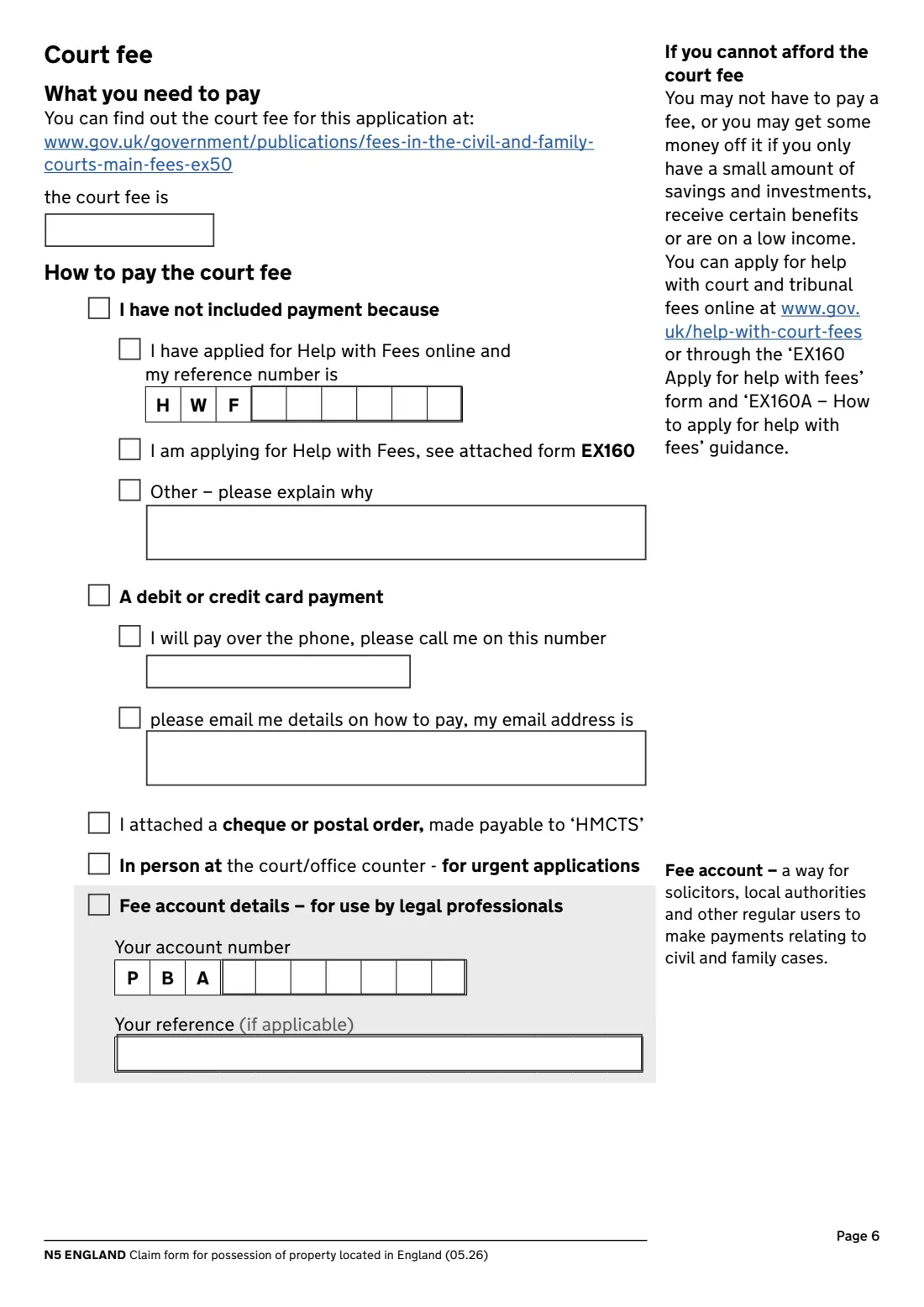 N5 Possession claim (England) (2026) Claim form for possession of property located in England (N5 England) — page 6 of 8