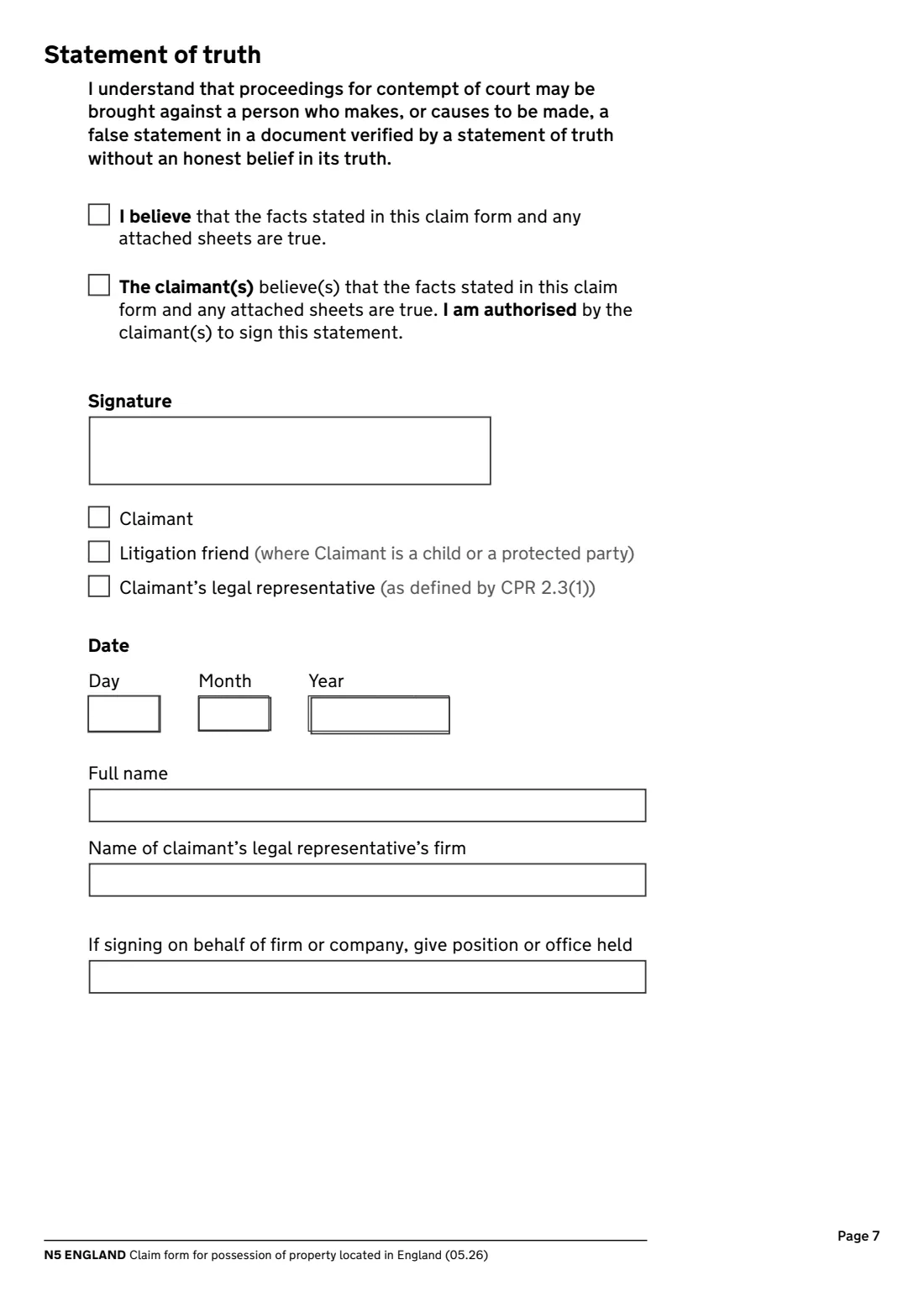 N5 Possession claim (England) (2026) Claim form for possession of property located in England (N5 England) — page 7 of 8